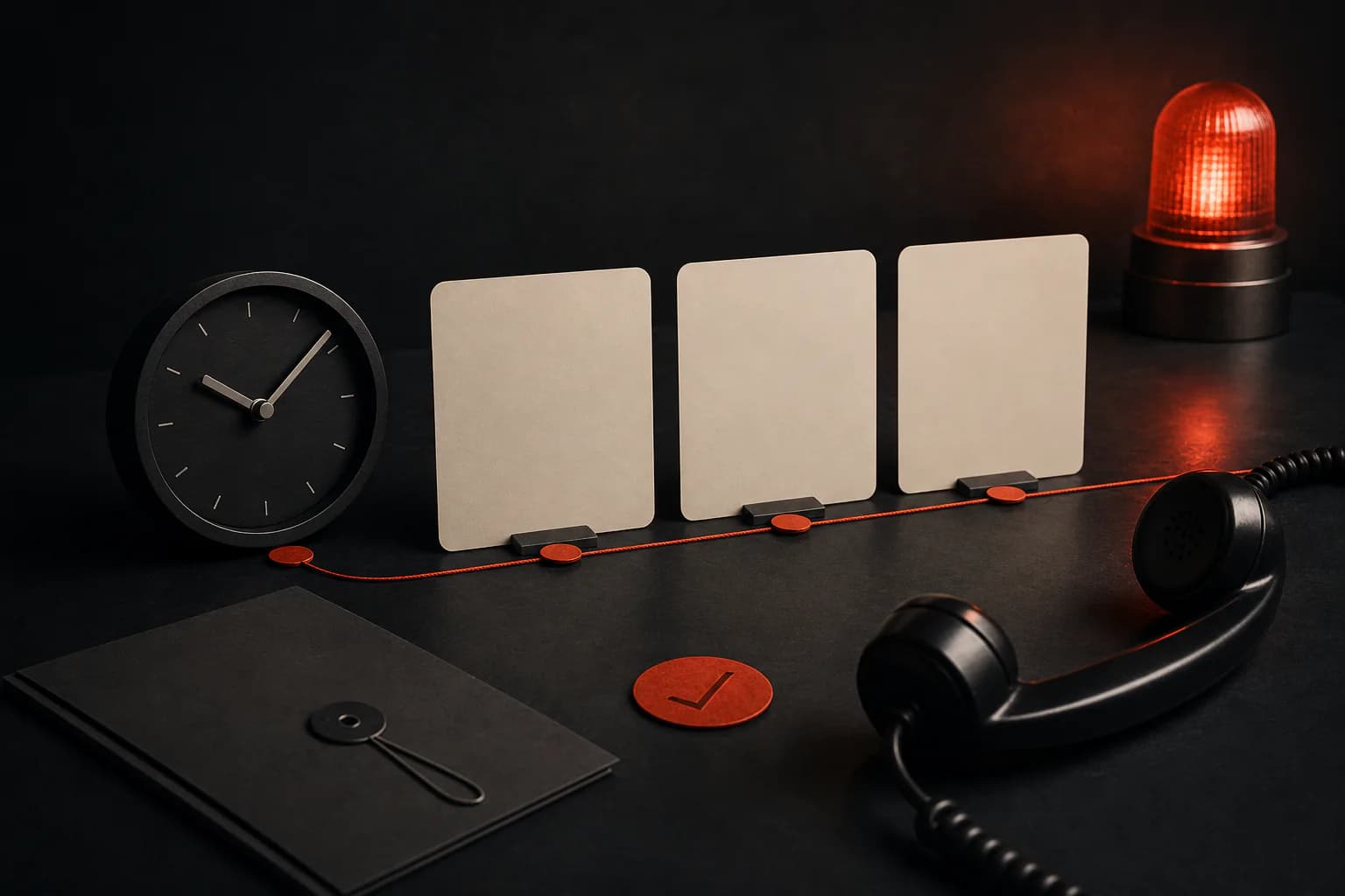 Saat, boş açıklama kartları, telefon ve kırmızı uyarı ışığından oluşan kriz iletişimi masası