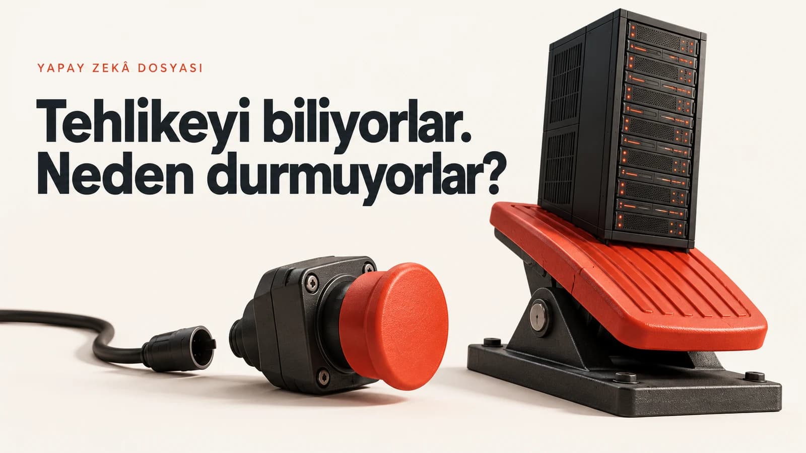 Gaz pedalı üzerindeki sunucu ve bağlantısı ayrılmış durdurma düğmesi; yapay zekâ geliştirme ve güvenlik gerilimini anlatan temsili illüstrasyon.