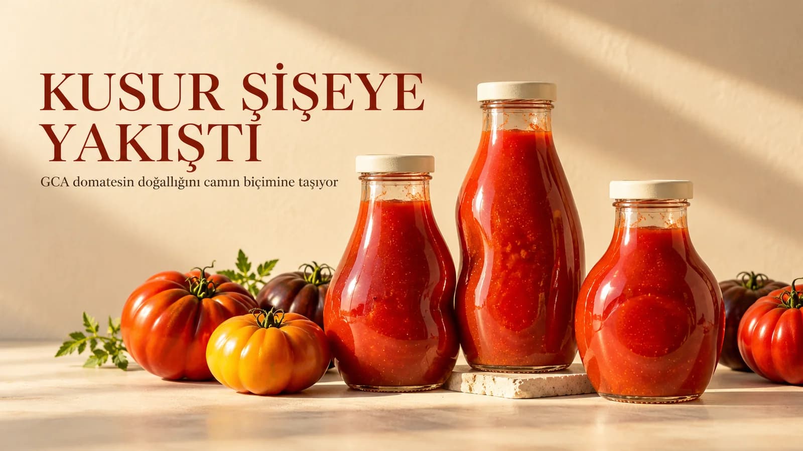 Farklı biçimlerdeki domateslerin yanında duran hafif düzensiz hatlı üç cam sos şişesi
