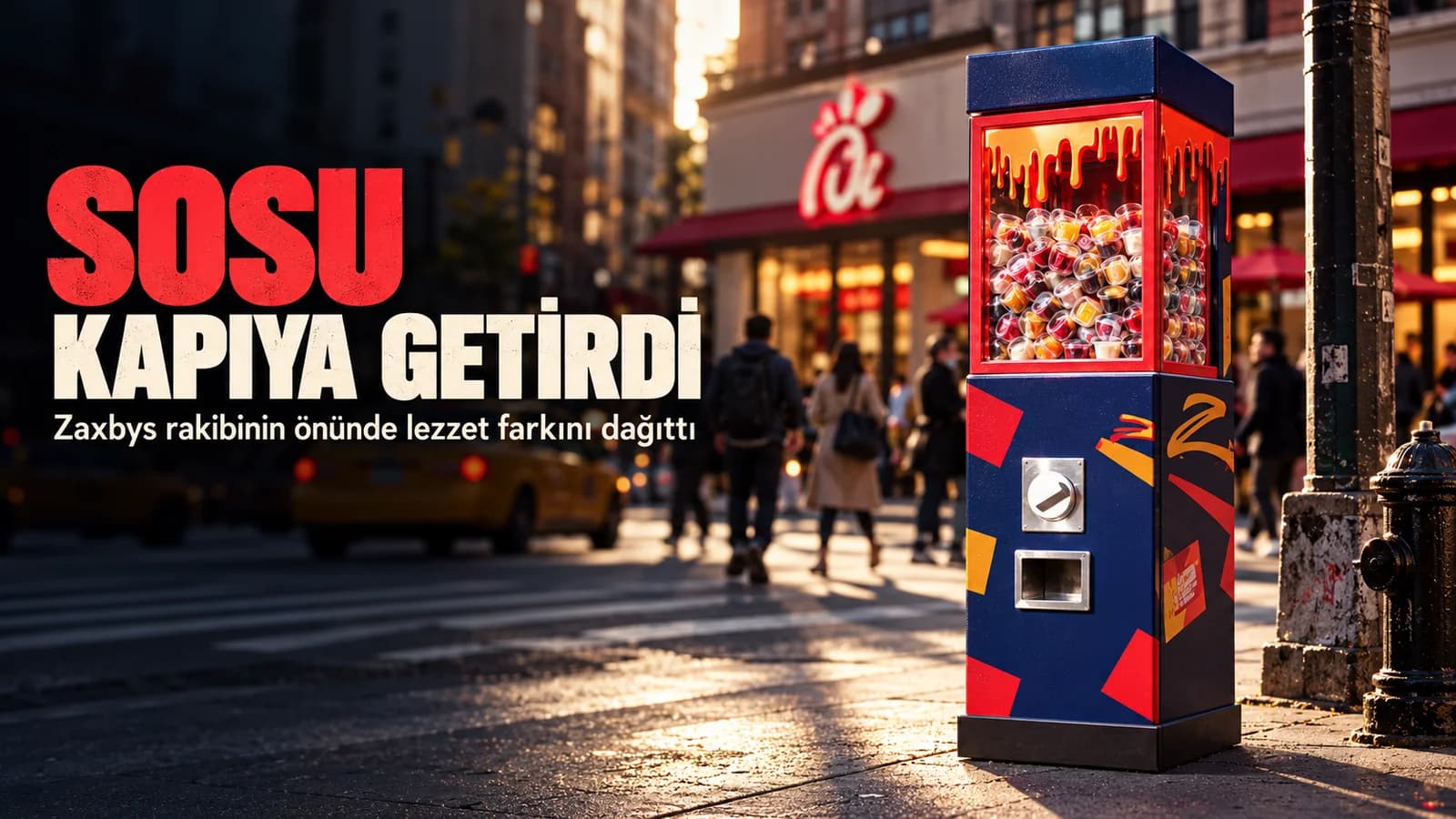 New York kaldırımında rakip restoranın karşısına yerleştirilmiş kırmızı ve lacivert sos otomatı