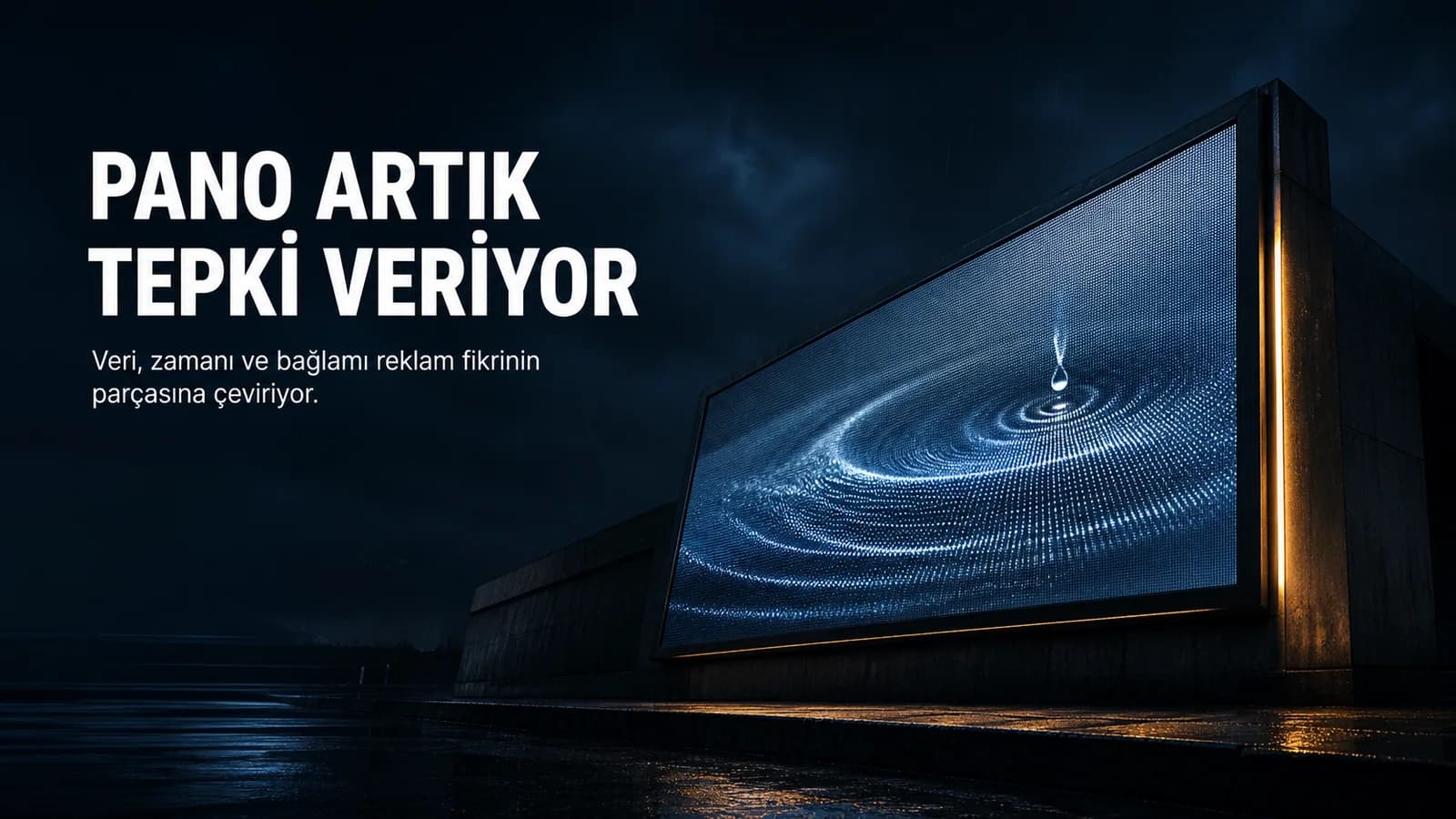 Yağmur damlasının piksel dalgası oluşturduğu gece mavisi monolitik dijital reklam panosu