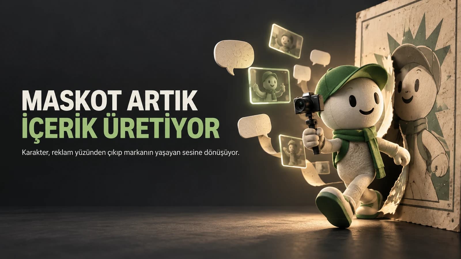 Düz bir reklam afişinden çıkarak elindeki kamerayla içerik üretmeye başlayan kurmaca marka karakteri