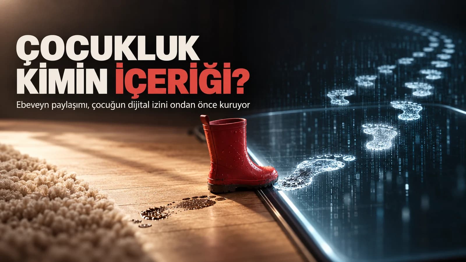 Kırmızı çocuk çizmesinden çıkan ayak izlerinin sıcak ev zemininden soğuk dijital ekrana uzanması