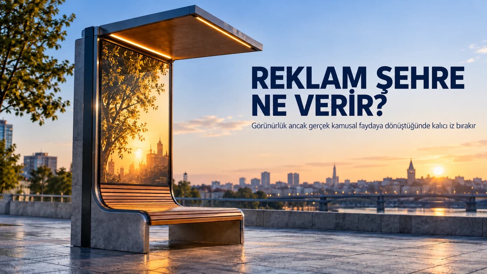 Kent kaldırımındaki reklam panosunun bir ucunun bank diğer ucunun yağmur sığınağına dönüştüğü premium editöryel sahne