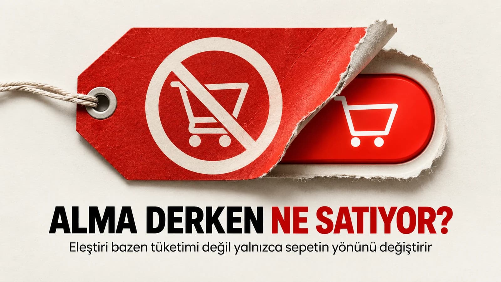 Üzerinde alma yazan kırmızı etiketi kaldırınca altında yeni bir satın al düğmesi beliren premium editöryel kolaj