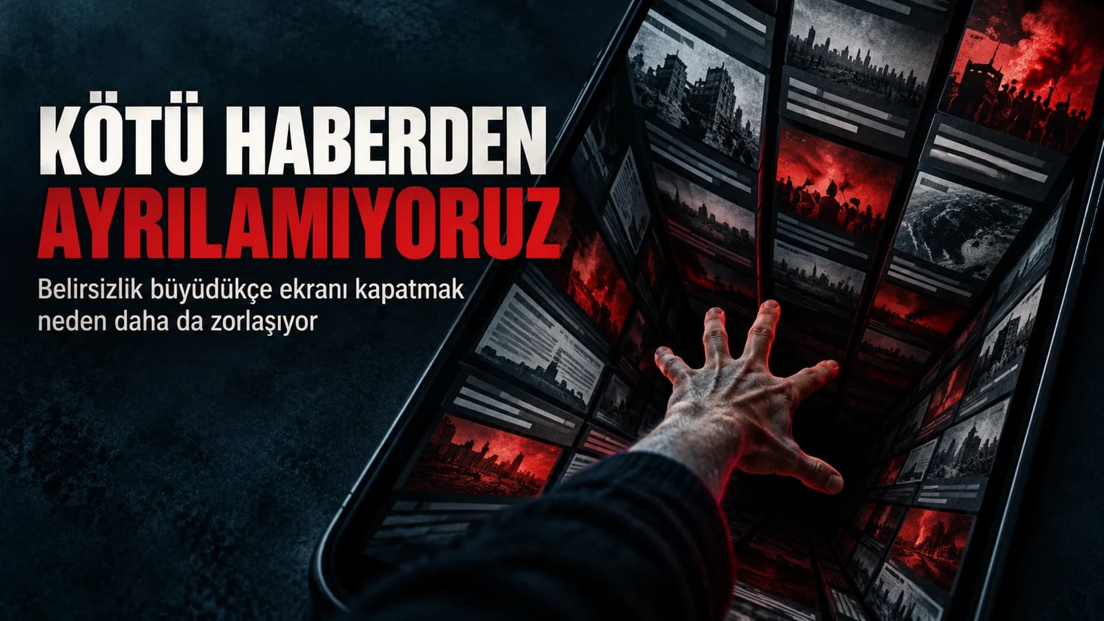 Sonsuz bir telefon ekranından aşağı akan siyah haber şeritlerinin insan elini içine çektiği premium editöryel illüstrasyon