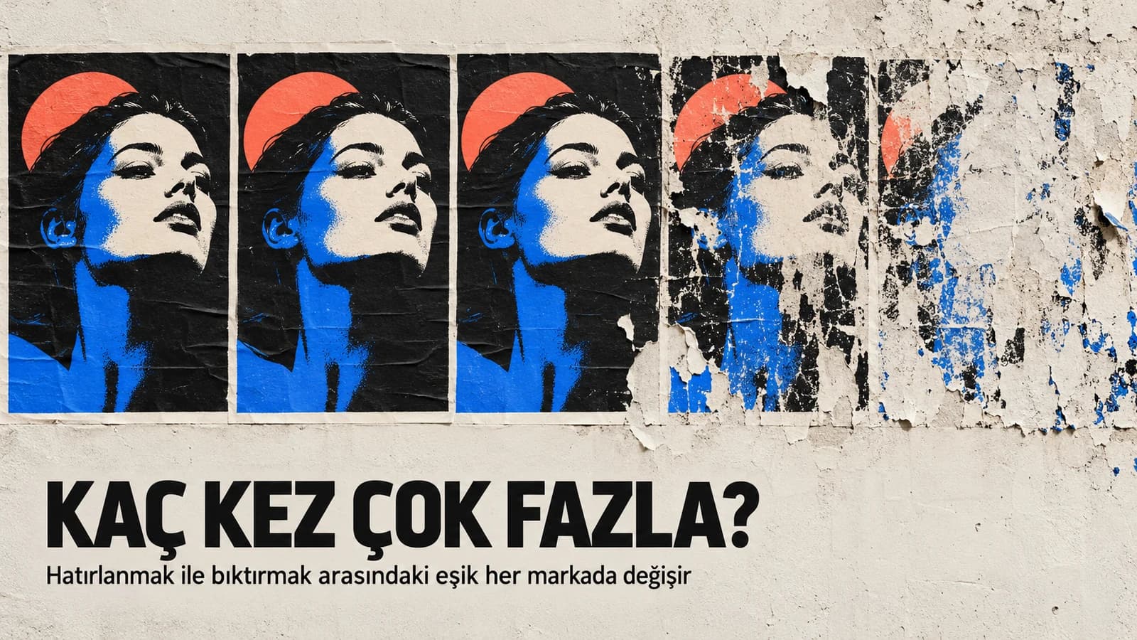 Aynı afişin art arda çoğalırken bir noktadan sonra yıpranıp silindiği premium editöryel reklam illüstrasyonu