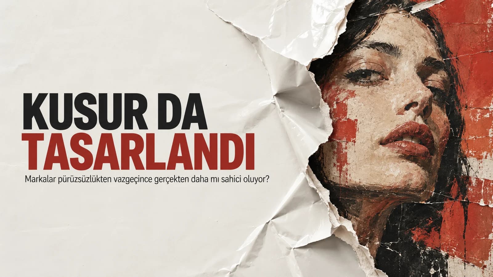 Parlak beyaz yüzeyin yırtığından görünen fırça izli insan portresini gösteren premium editöryal kolaj kapak