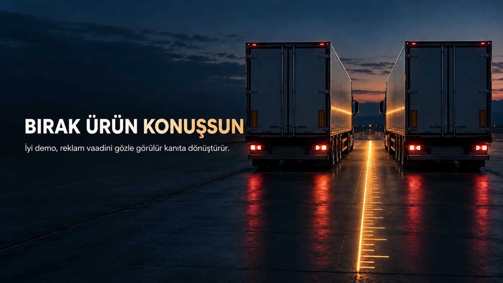 Gece test pistinde paralel geri giden iki kamyon ve aralarında ölçü çizgisi bulunan premium editöryal kapak