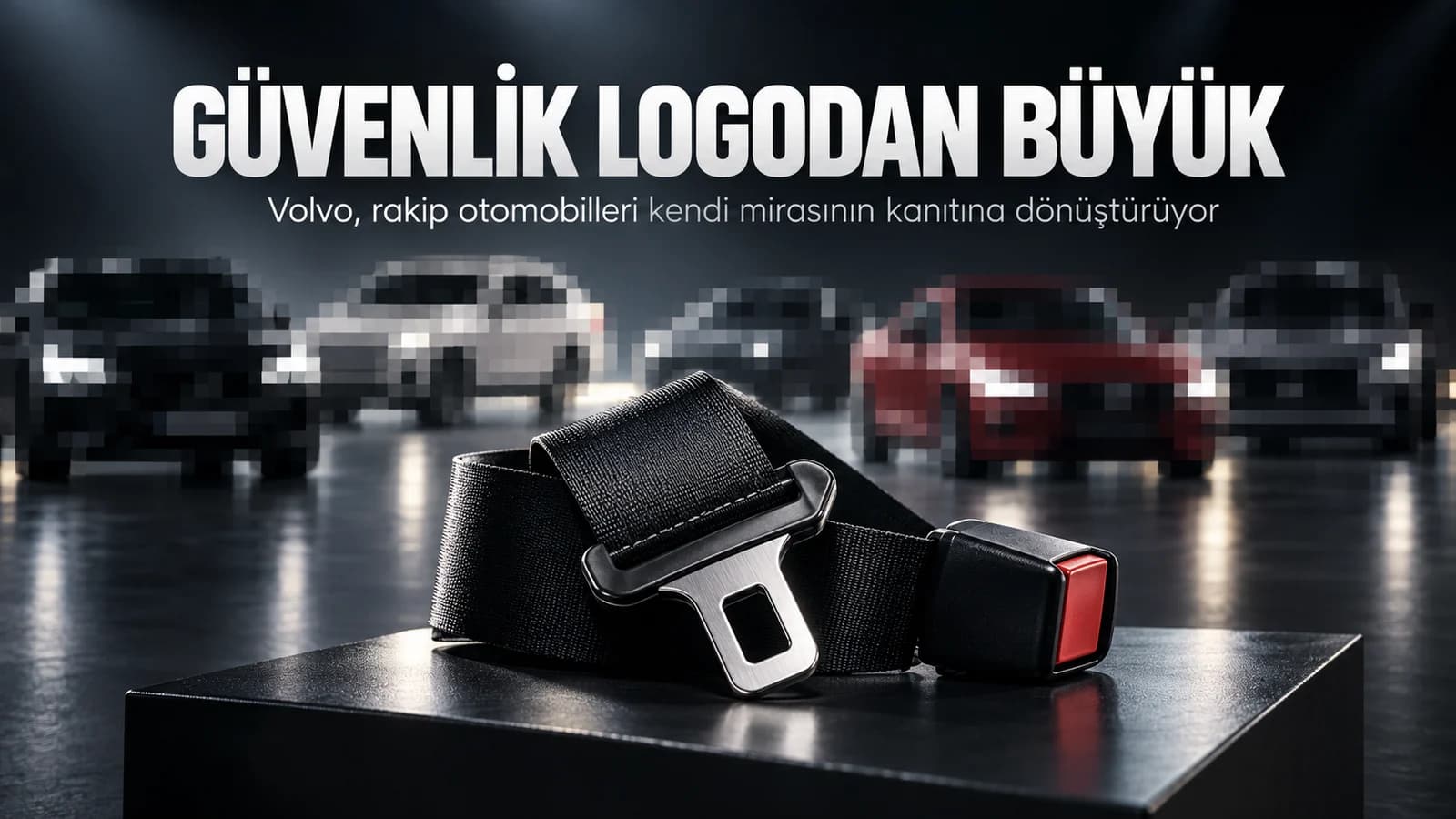 Piksellenmiş otomobillerin önünde üç noktalı emniyet kemeri bulunan editoryal kapak