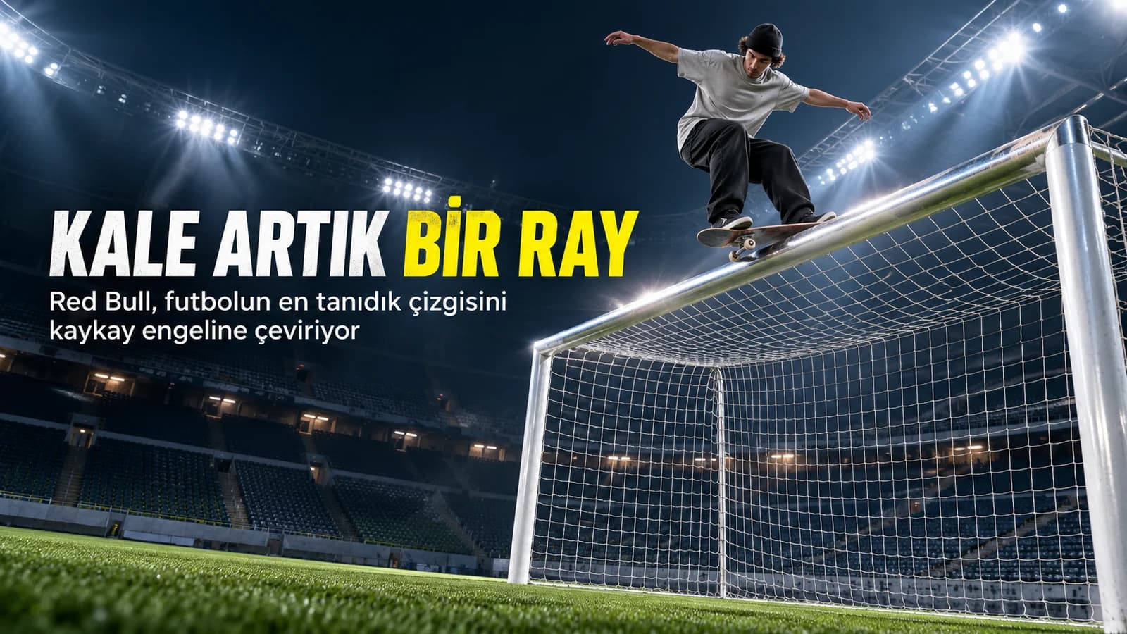 Stadyumda futbol kalesinin üst direğinde kayan kaykaycıyı gösteren editoryal kapak