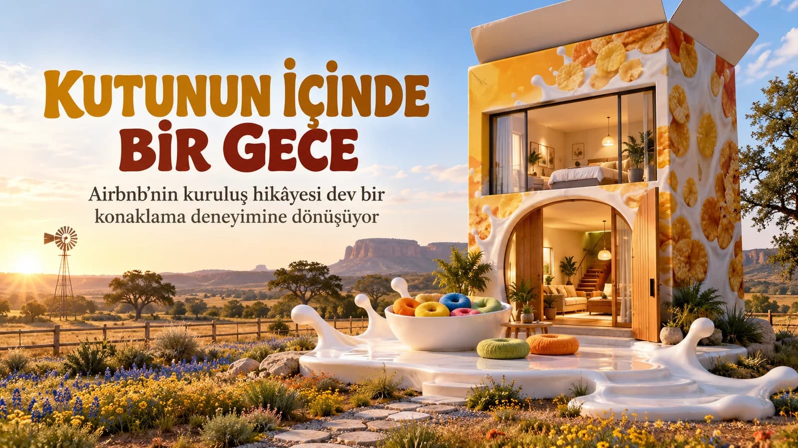 Teksas kırında mısır gevreği kutusuna benzeyen iki katlı evi gösteren editoryal kapak