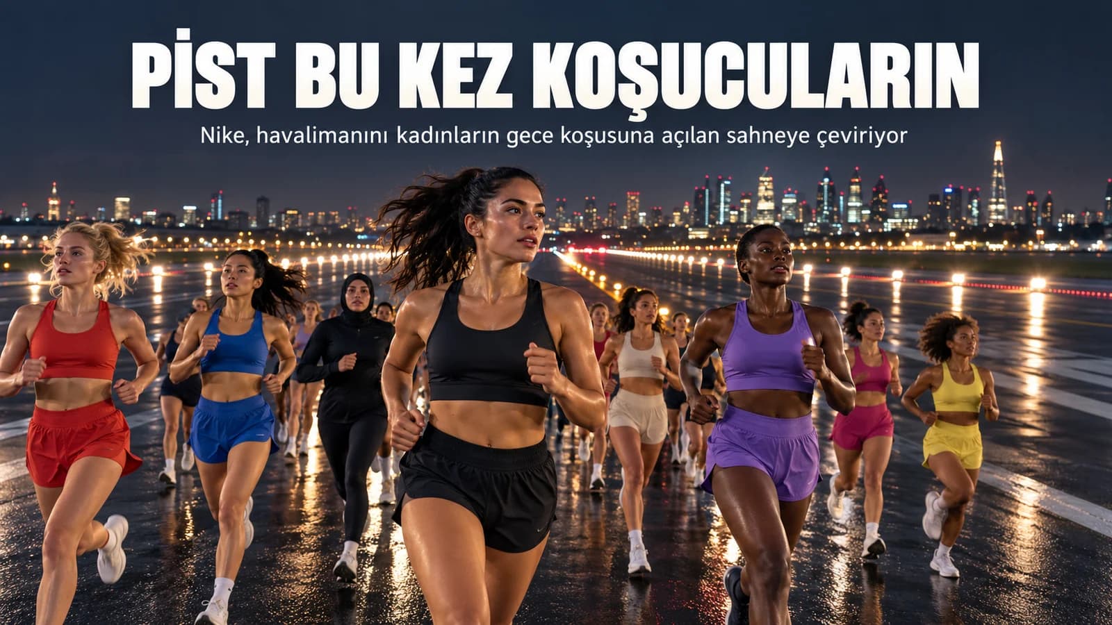 Gece havalimanı pistinde birlikte koşan kadınları gösteren editoryal kapak
