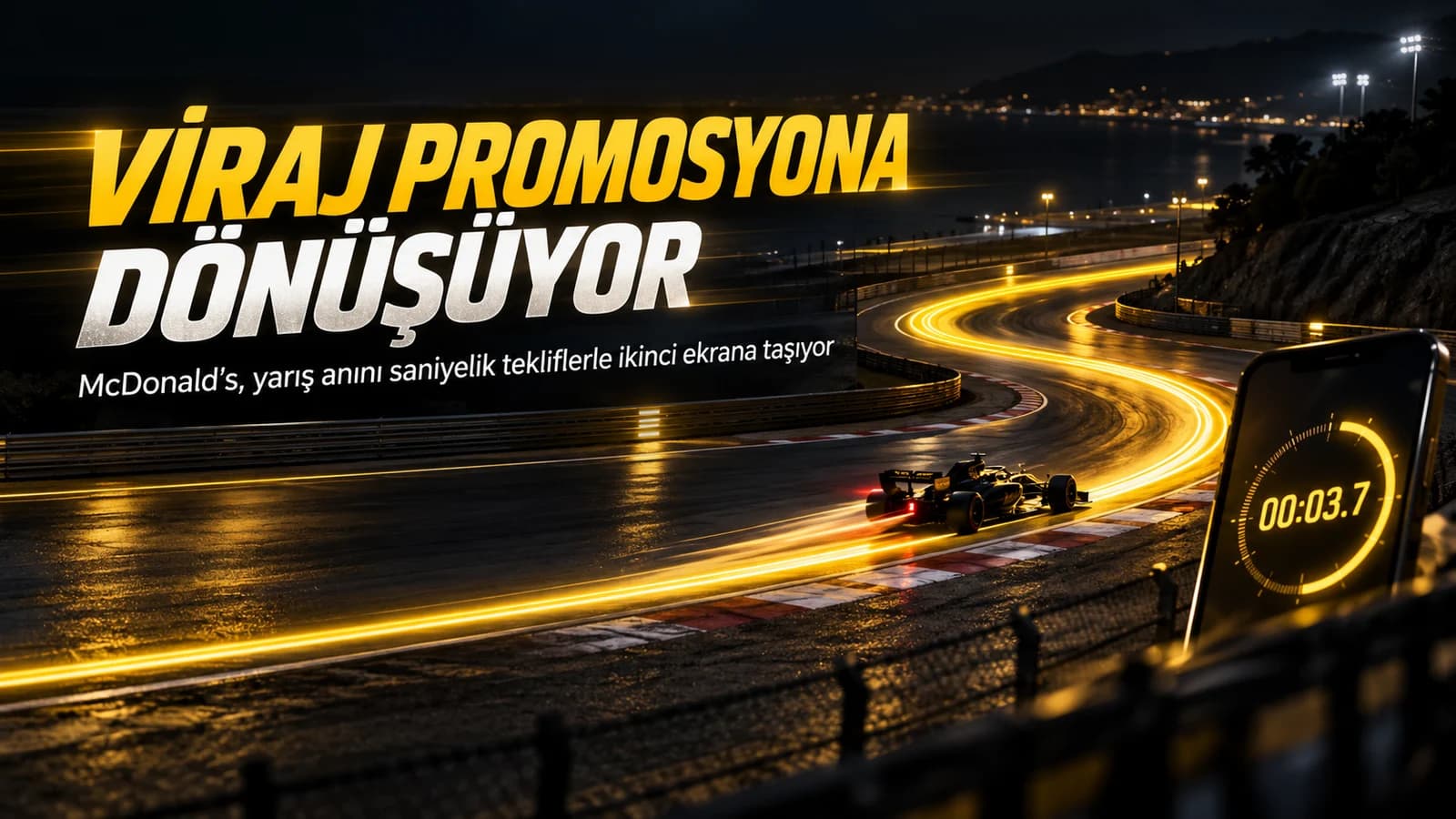 Sarı ışık izleriyle kemer biçimi alan yarış pisti ve telefondaki sayaç bulunan editoryal kapak
