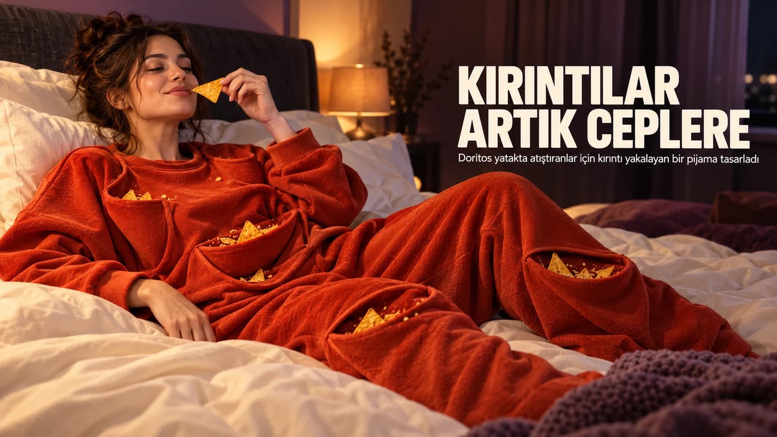 Yatakta cips yerken kırıntıları geniş kumaş ceplerde toplayan turuncu ev giyimi
