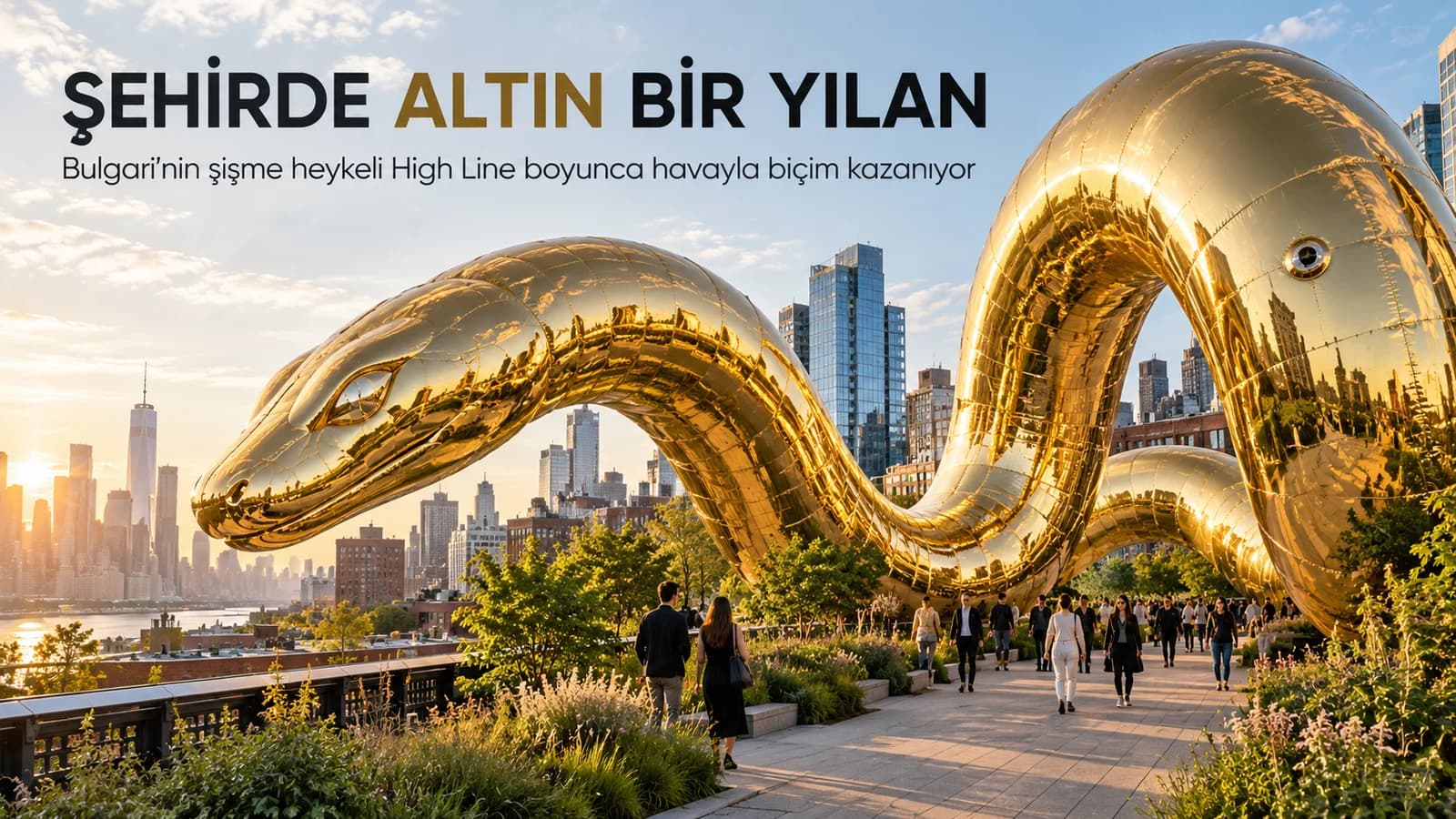 New York High Line üzerinde dolaşan dev aynalı altın şişme yılan heykeli
