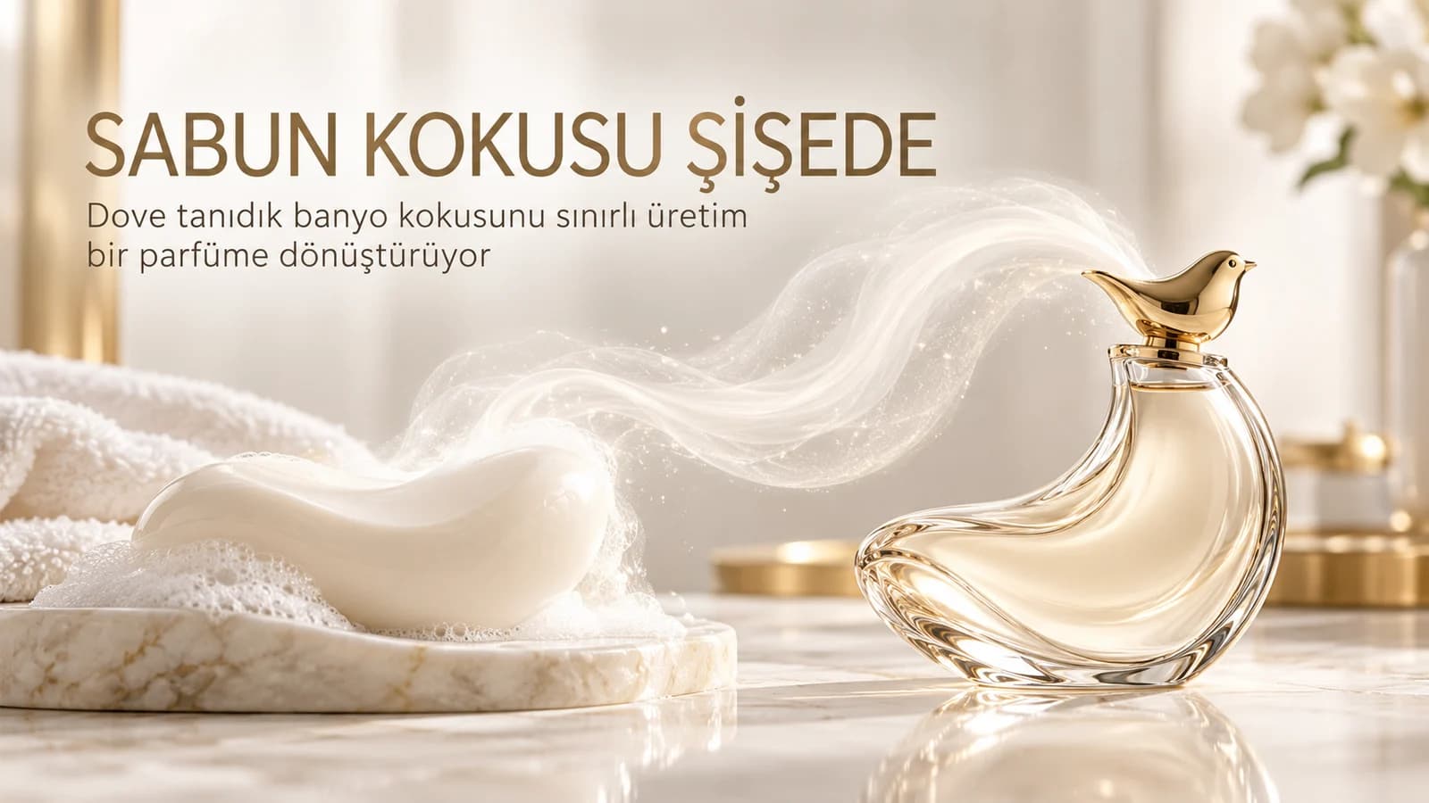 Köpüklü beyaz kalıp sabundan kıvrımlı cam parfüm şişesine uzanan koku şeridi