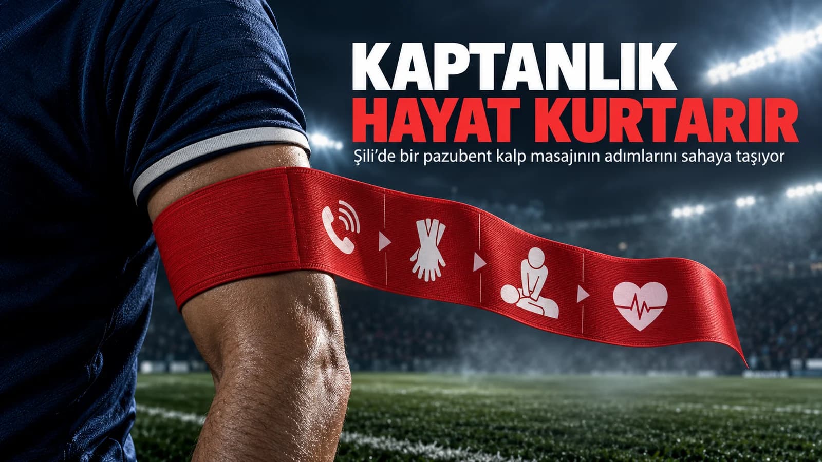 Futbol sahasında kalp masajı adımlarını simgeleyen kırmızı kaptanlık pazubendi