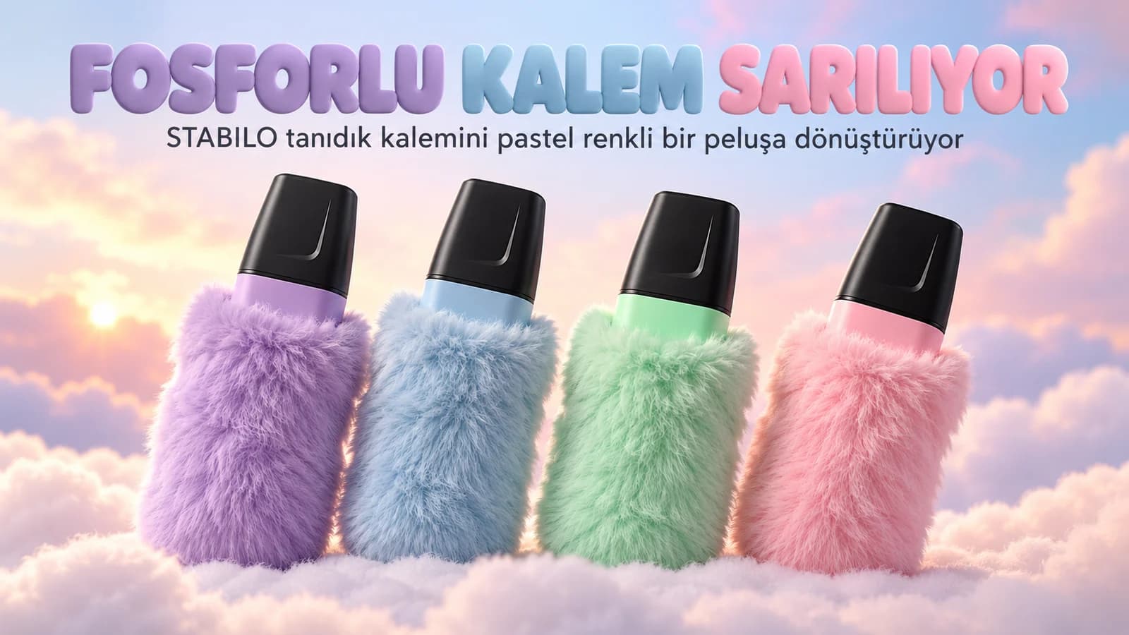 Pastel renkli peluş kılıflara sarılmış dört büyük fosforlu kalem