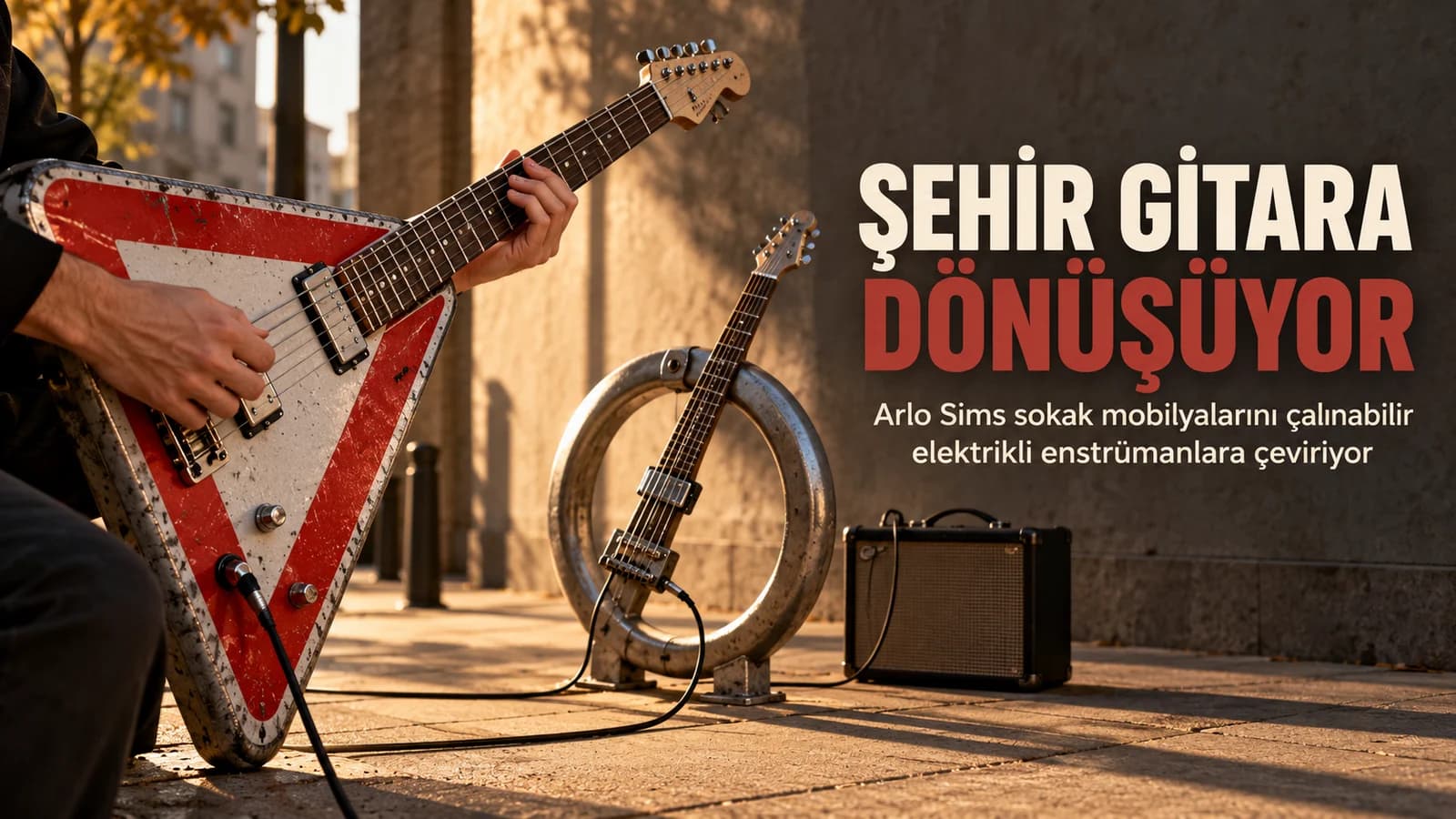 Trafik levhası ve bisiklet parkından yapılmış, sokakta çalınan elektrikli gitarlar