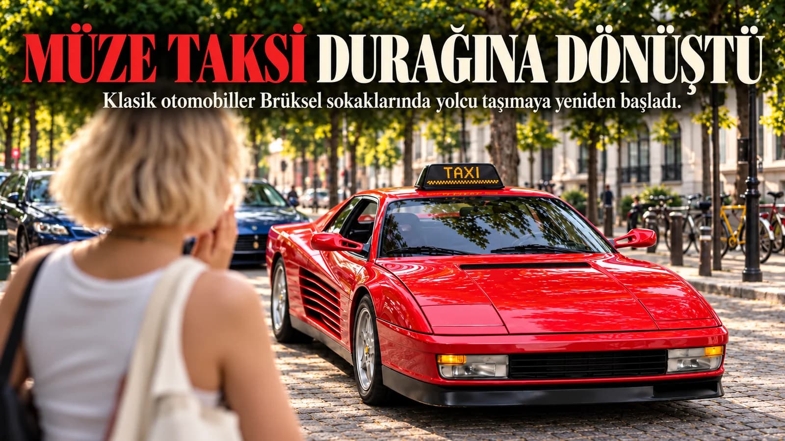Brüksel sokağında taksi tabelası taşıyan kırmızı klasik spor otomobil