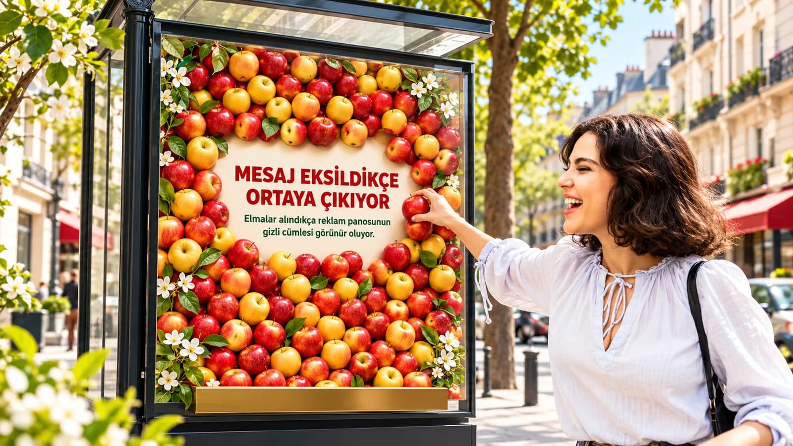 Elmalarla dolu şeffaf reklam panosundan elma alan kadın