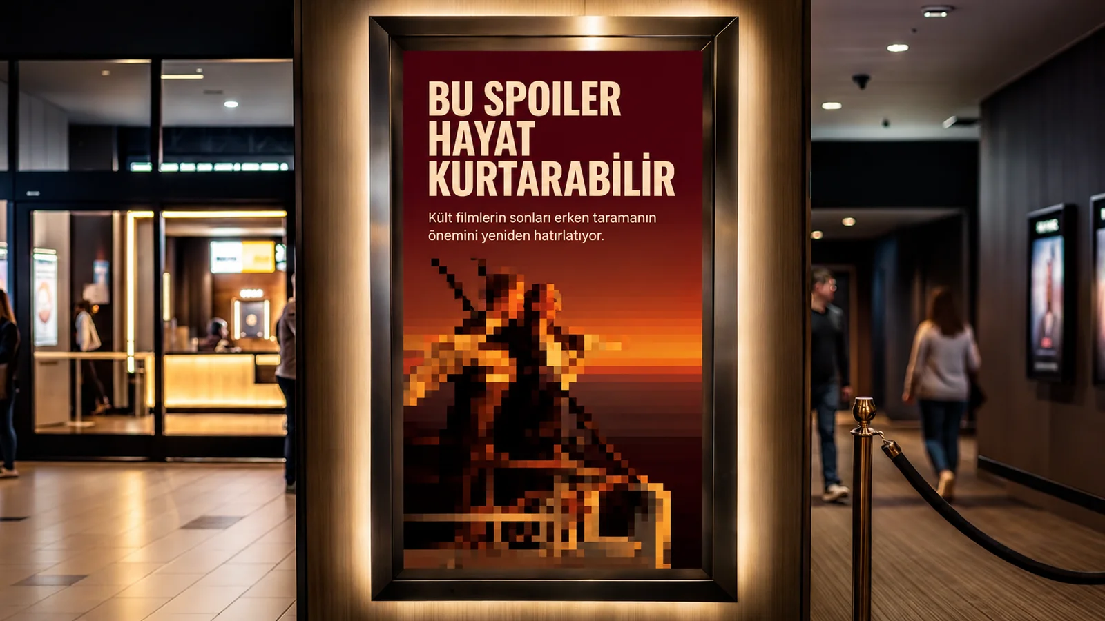 Sinema salonunda hayat kurtaran spoiler mesajı taşıyan bordo afiş