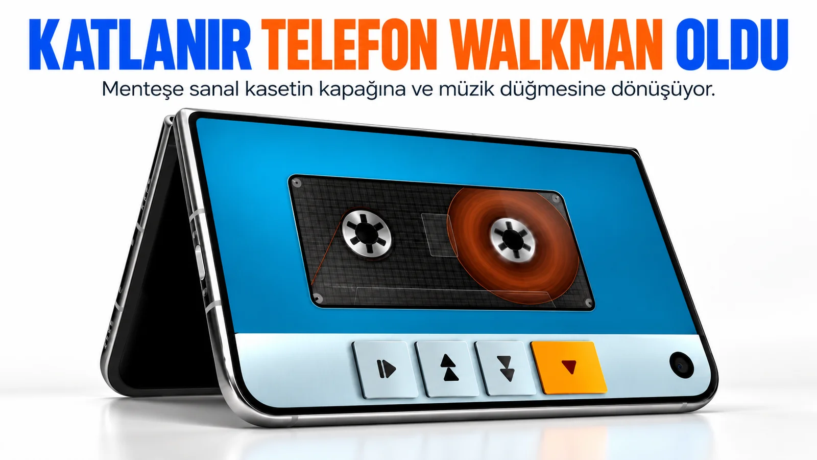 Ekranında kaset çalan katlanır telefon ve Türkçe kapak metni