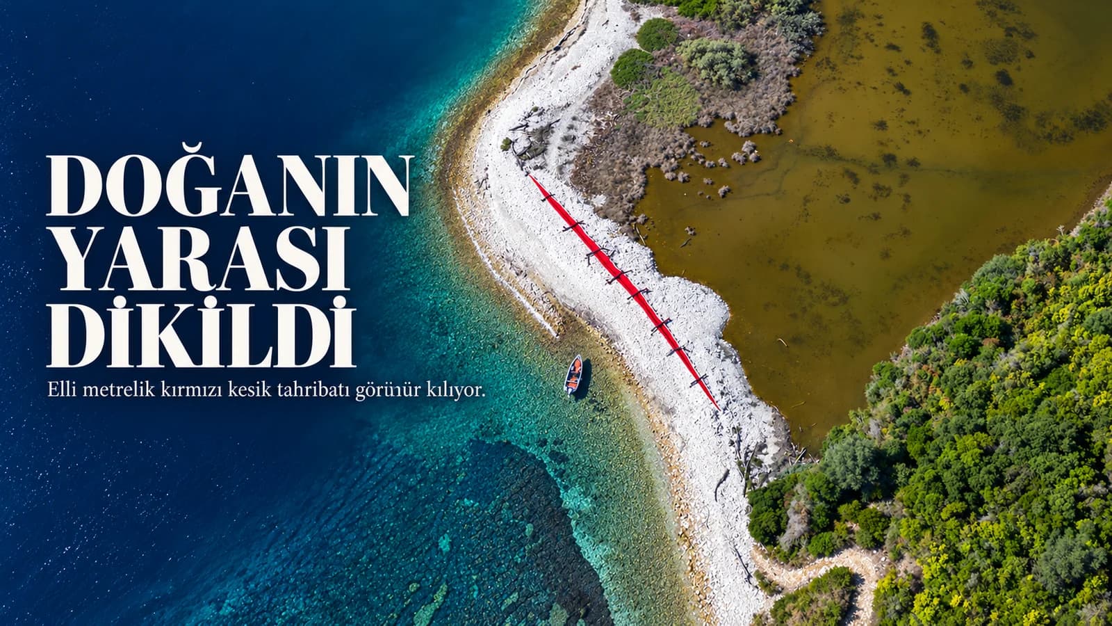 Korfu kıyısında siyah dikişlerle kapatılmış elli metrelik kırmızı arazi yarası