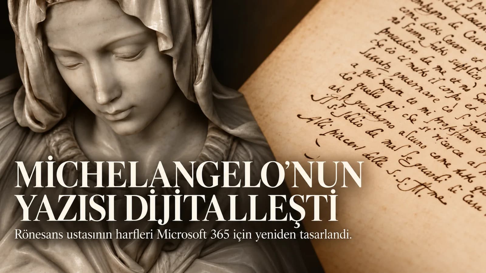 Michelangelo heykeli ve sepya el yazması üzerinde Türkçe kapak metni