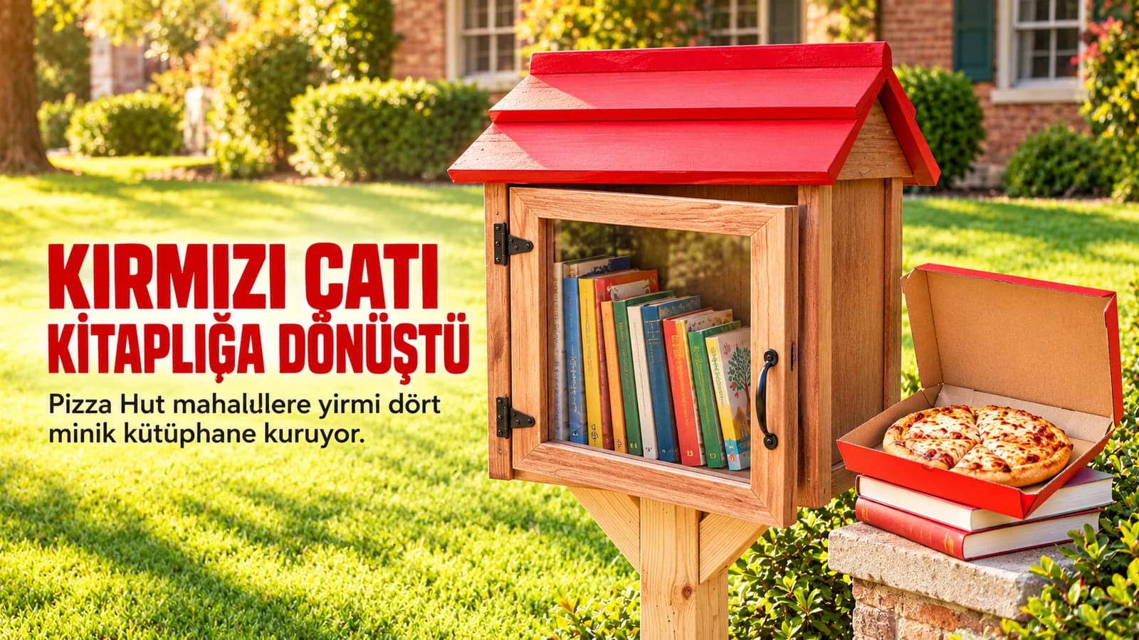 Kırmızı çatılı ahşap mini kütüphane, kitaplar ve pizza kutusu