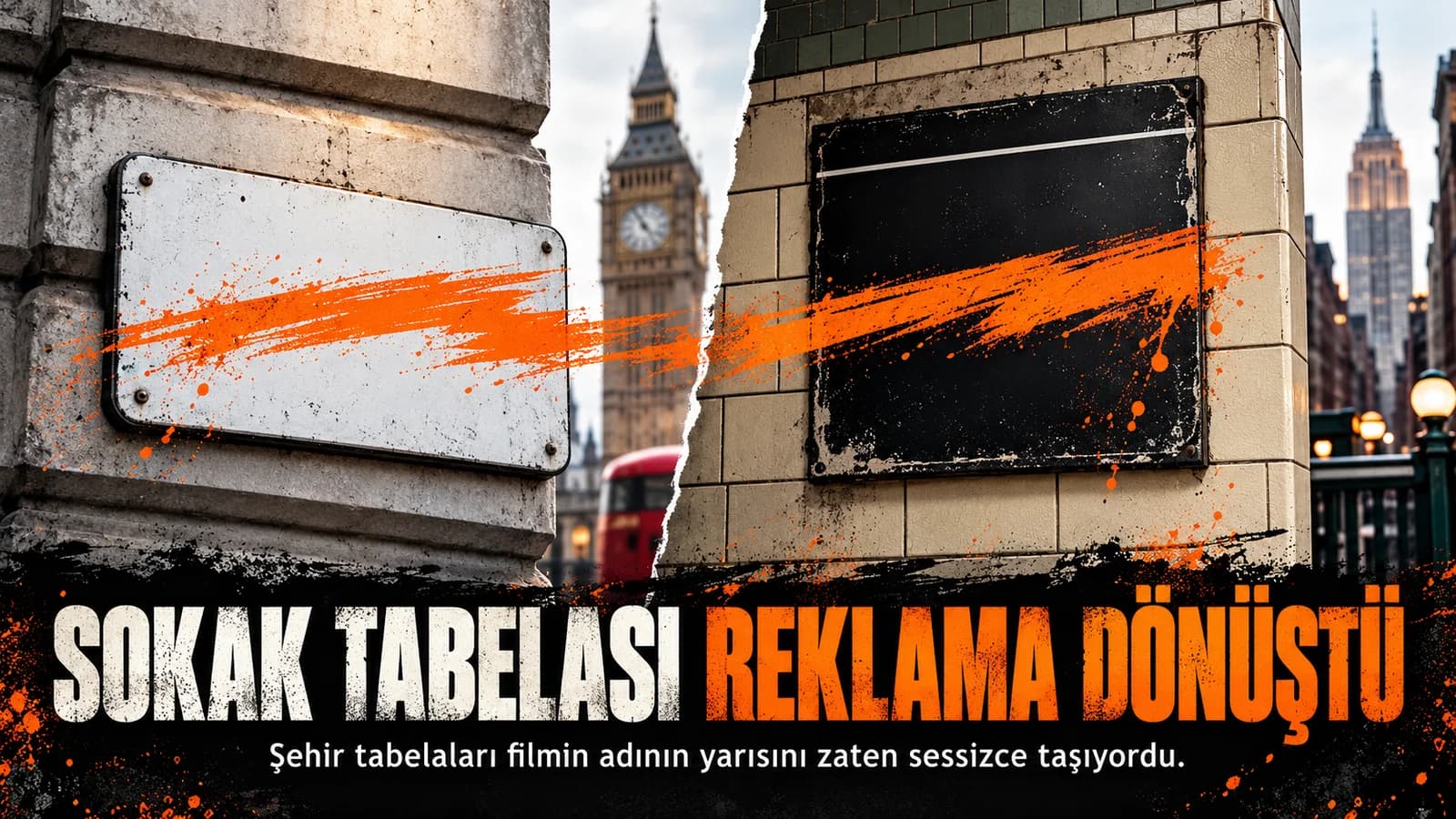 Londra ve New York sokak tabelaları üzerinde turuncu fırça izi