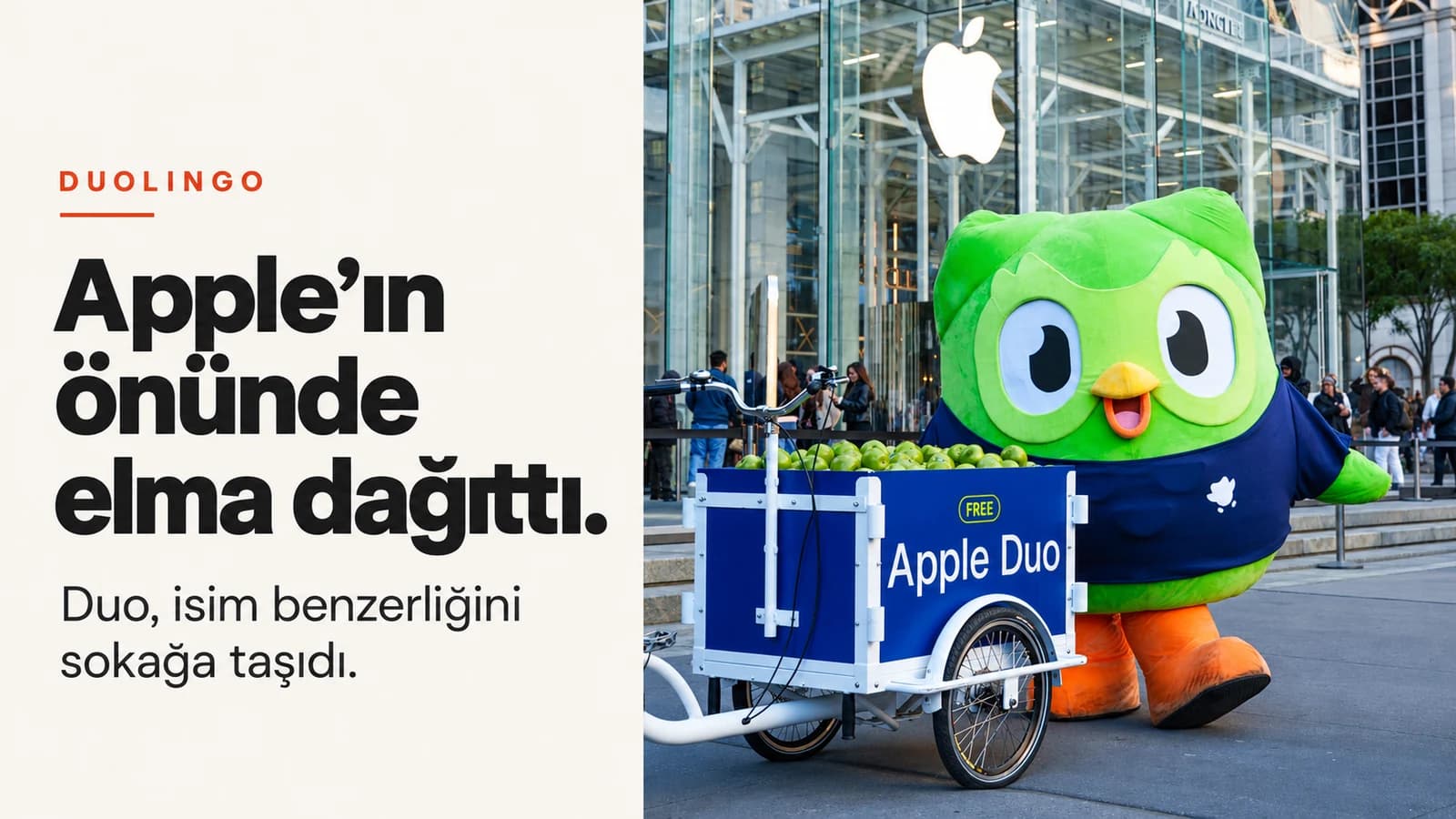 Apple mağazasının önünde Duo ve elma arabasının kampanya fotoğrafıyla hazırlanan, Apple’ın önünde elma dağıttı başlıklı editoryal kapak.