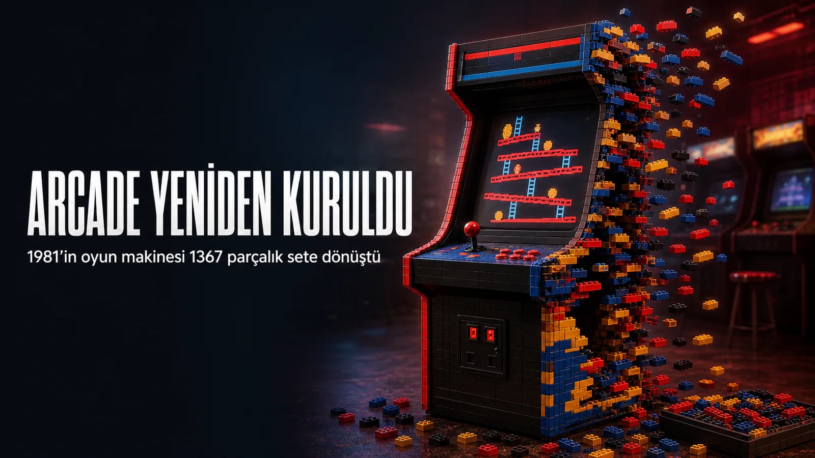 Renkli yapı parçalarından yeniden kurulan nostaljik arcade makinesini gösteren kapak görseli