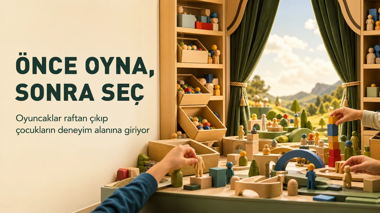 Oyuncak raflarının çocukların oynayabildiği deneyim alanına dönüşmesini anlatan kapak görseli