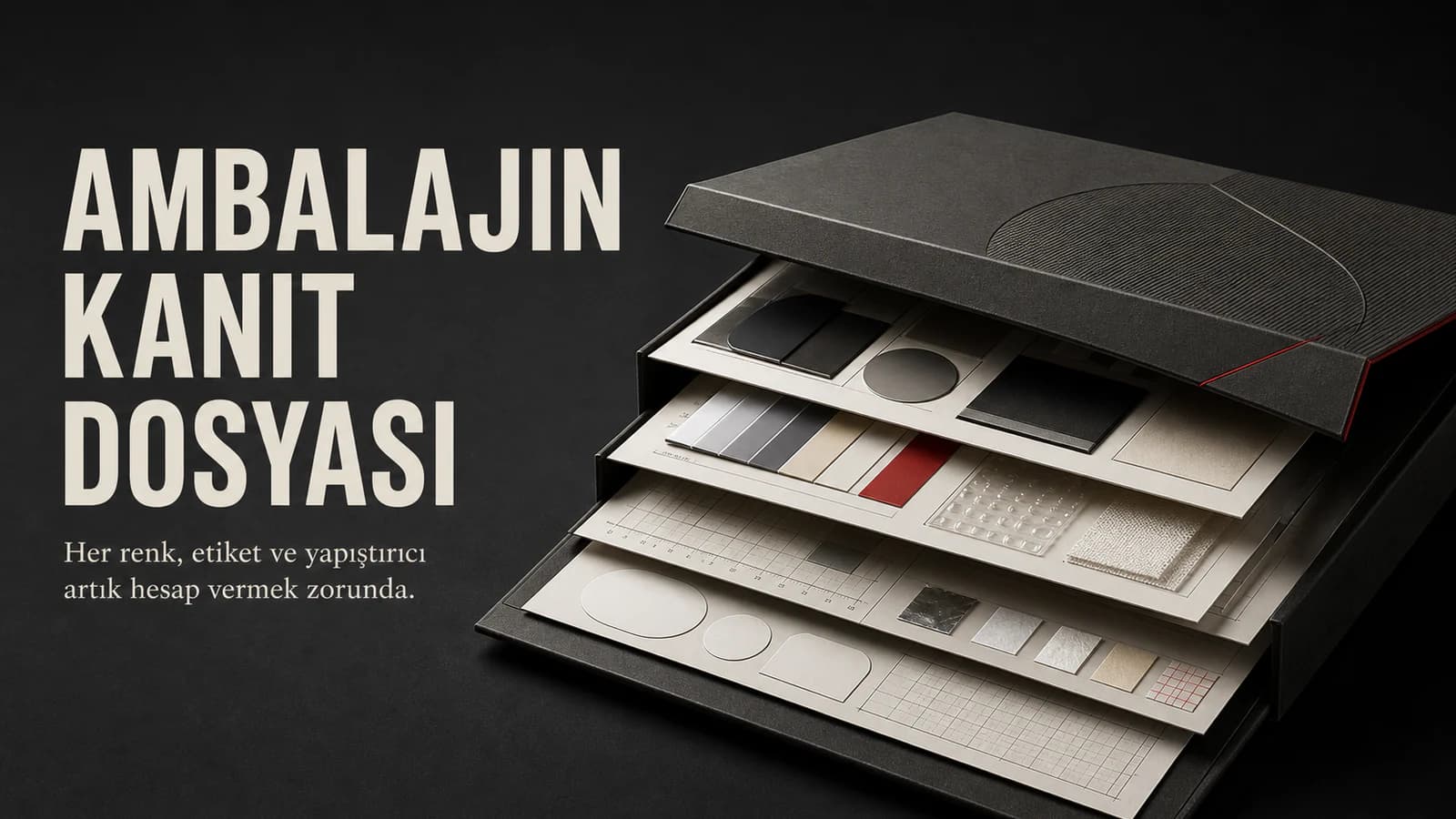 Katmanları teknik dosya ve malzeme örneklerine dönüşen heykelsi siyah ambalaj