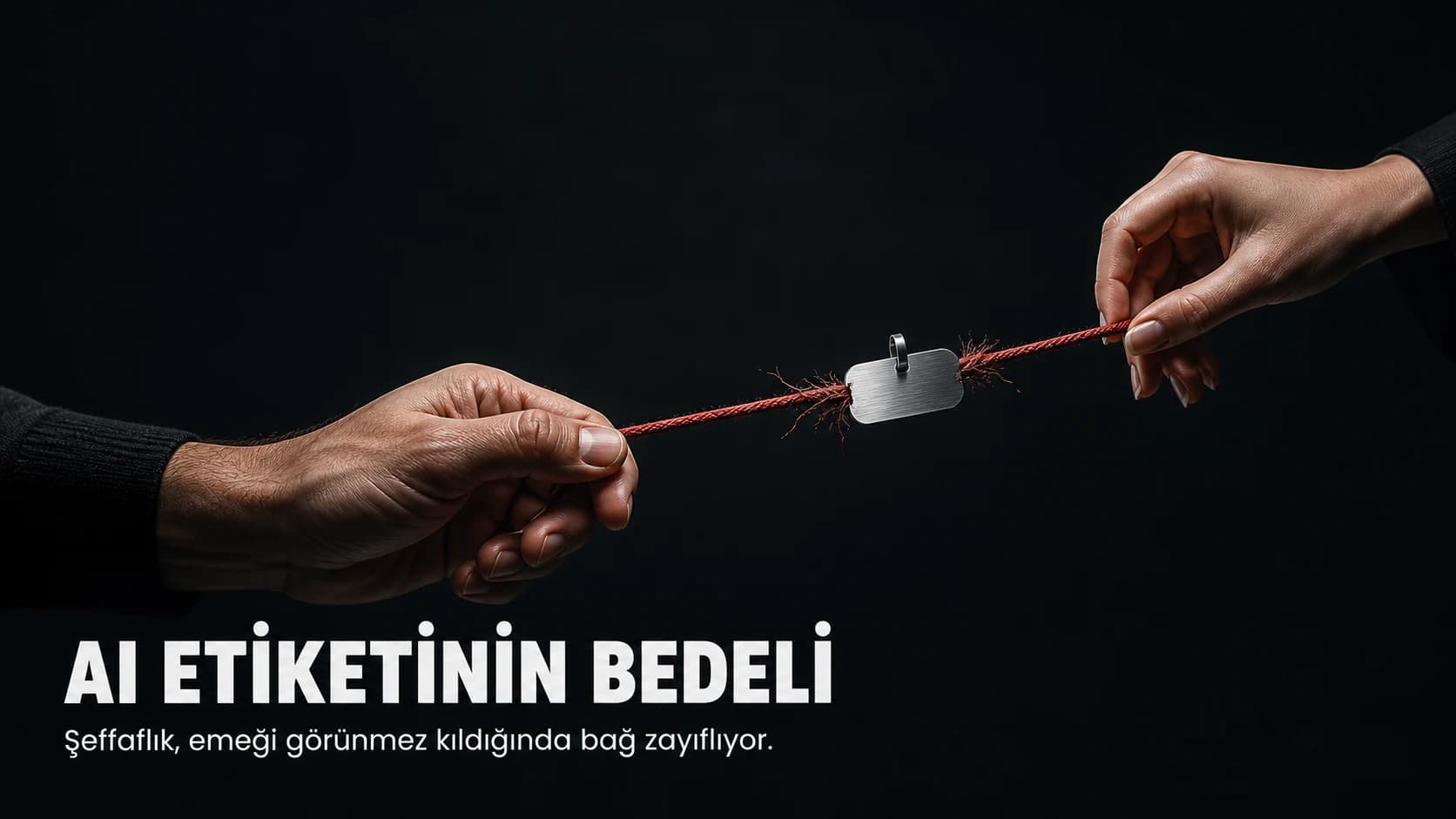 Metal bir AI etiketinin iki insan eli arasındaki kırmızı bağı aşındırdığı karanlık stüdyo sahnesi