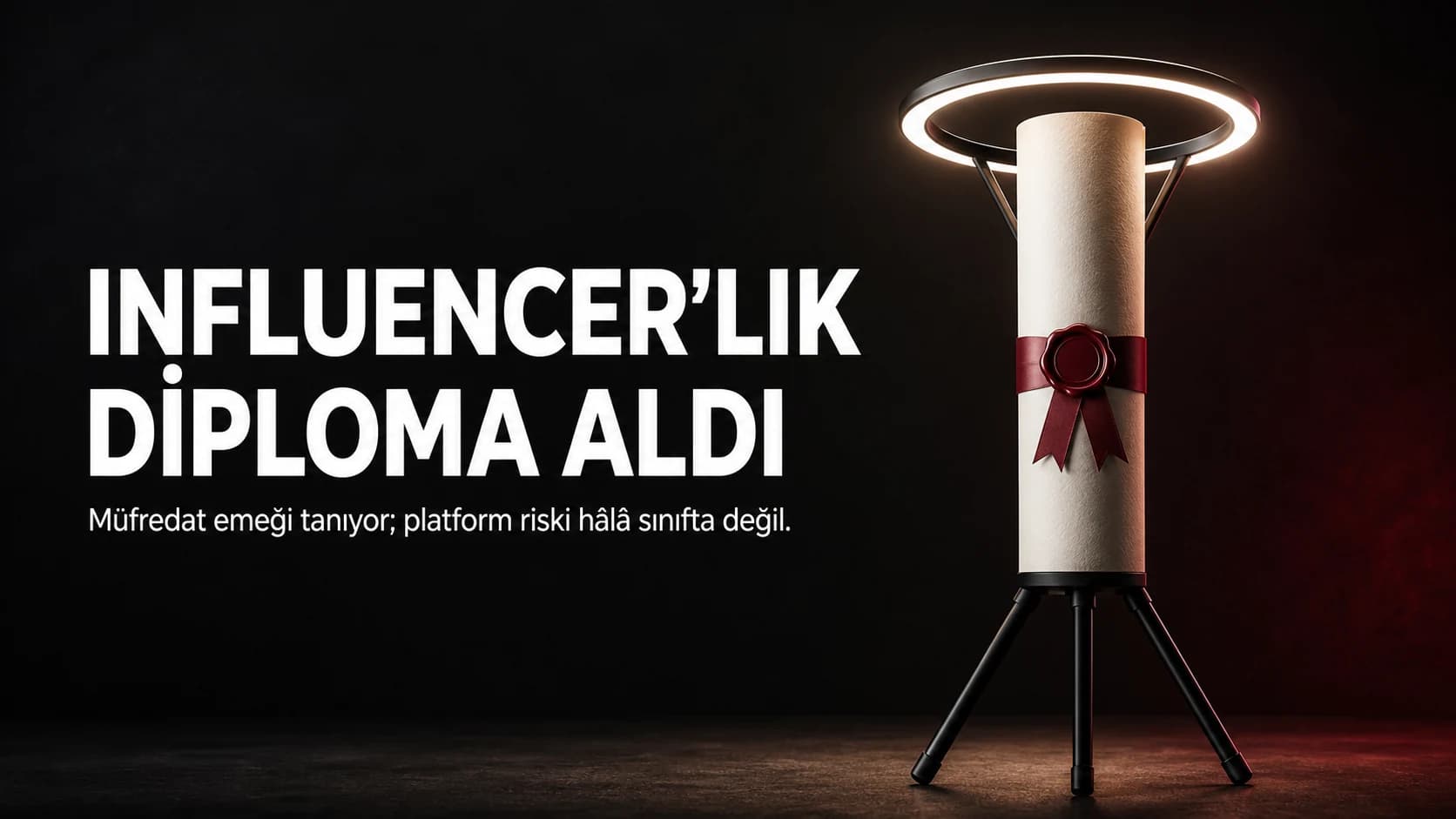 Tripod ayakları ve ring light ile birleşen, kırmızı kurdeleli üniversite diploması