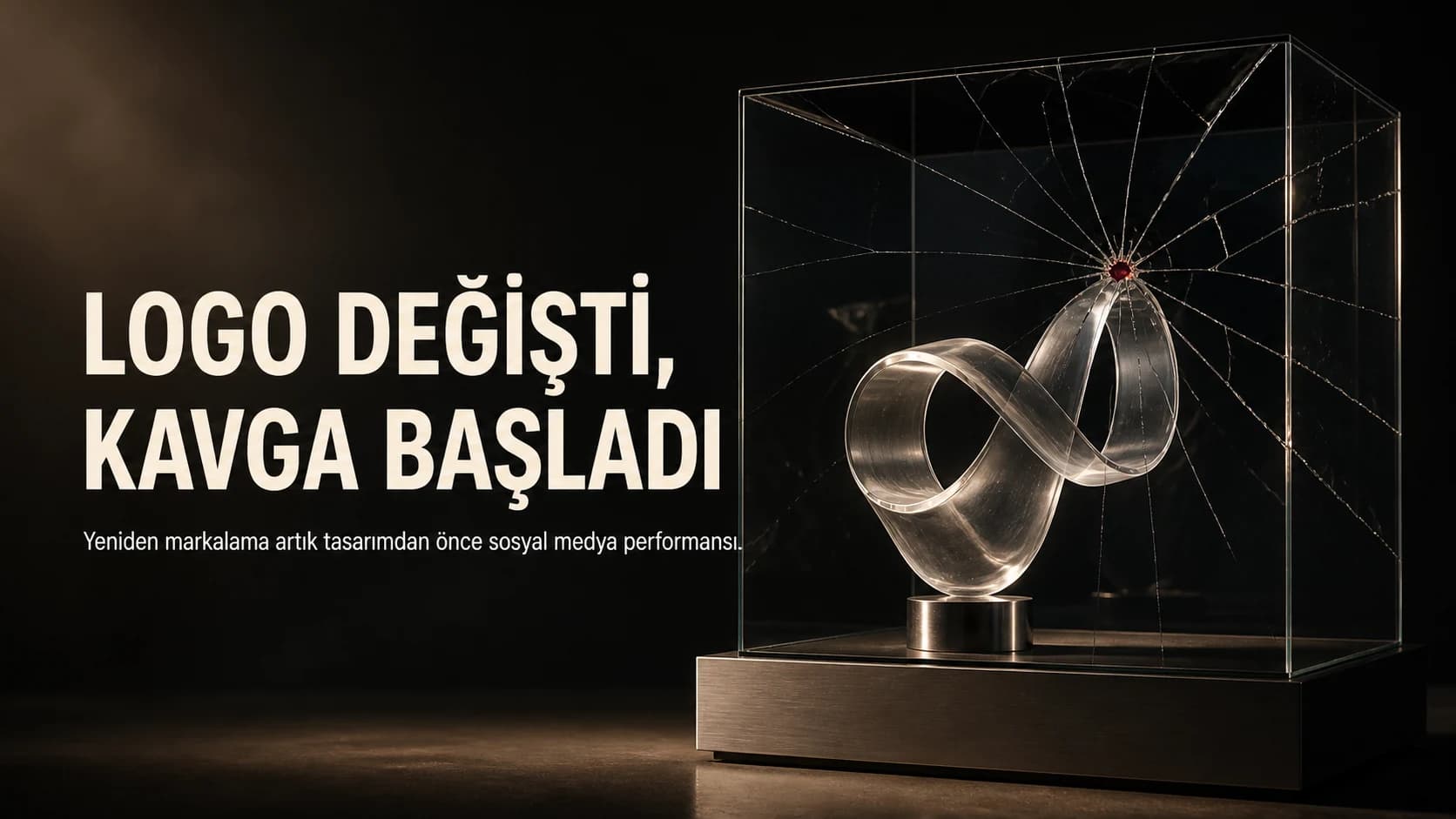 Cam vitrindeki soyut tipografik heykelin küçük bir kırılma noktasından yayılan çatlaklar