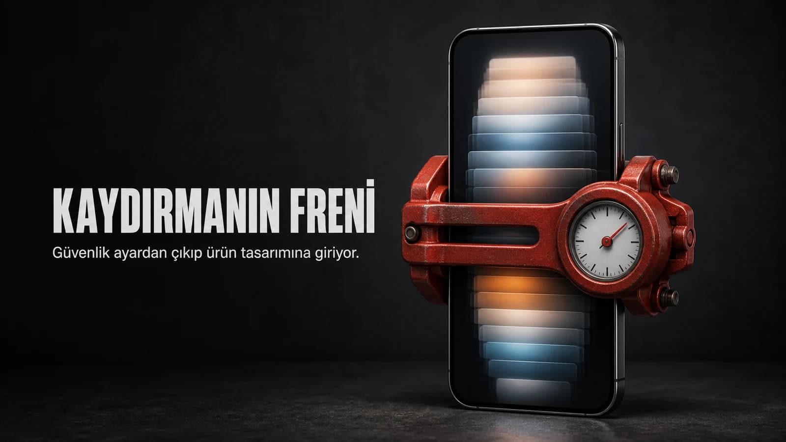 Sonsuz akış görüntülü telefonu durduran kırmızı mekanik fren ve saat