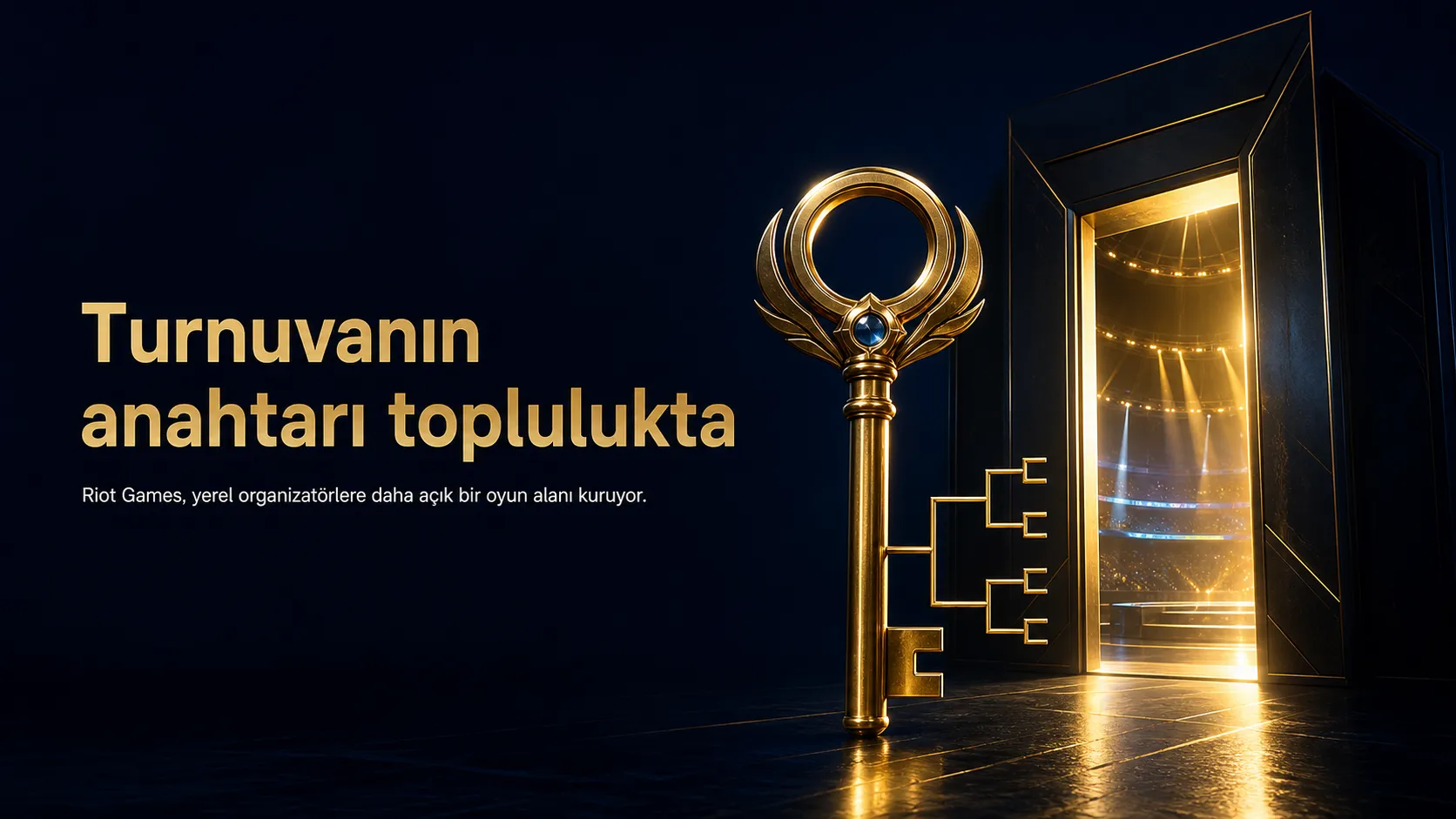 Turnuva eşleşme şeması biçimindeki altın anahtarın ışıklı bir espor arenasının kapısını açtığı kapak görseli