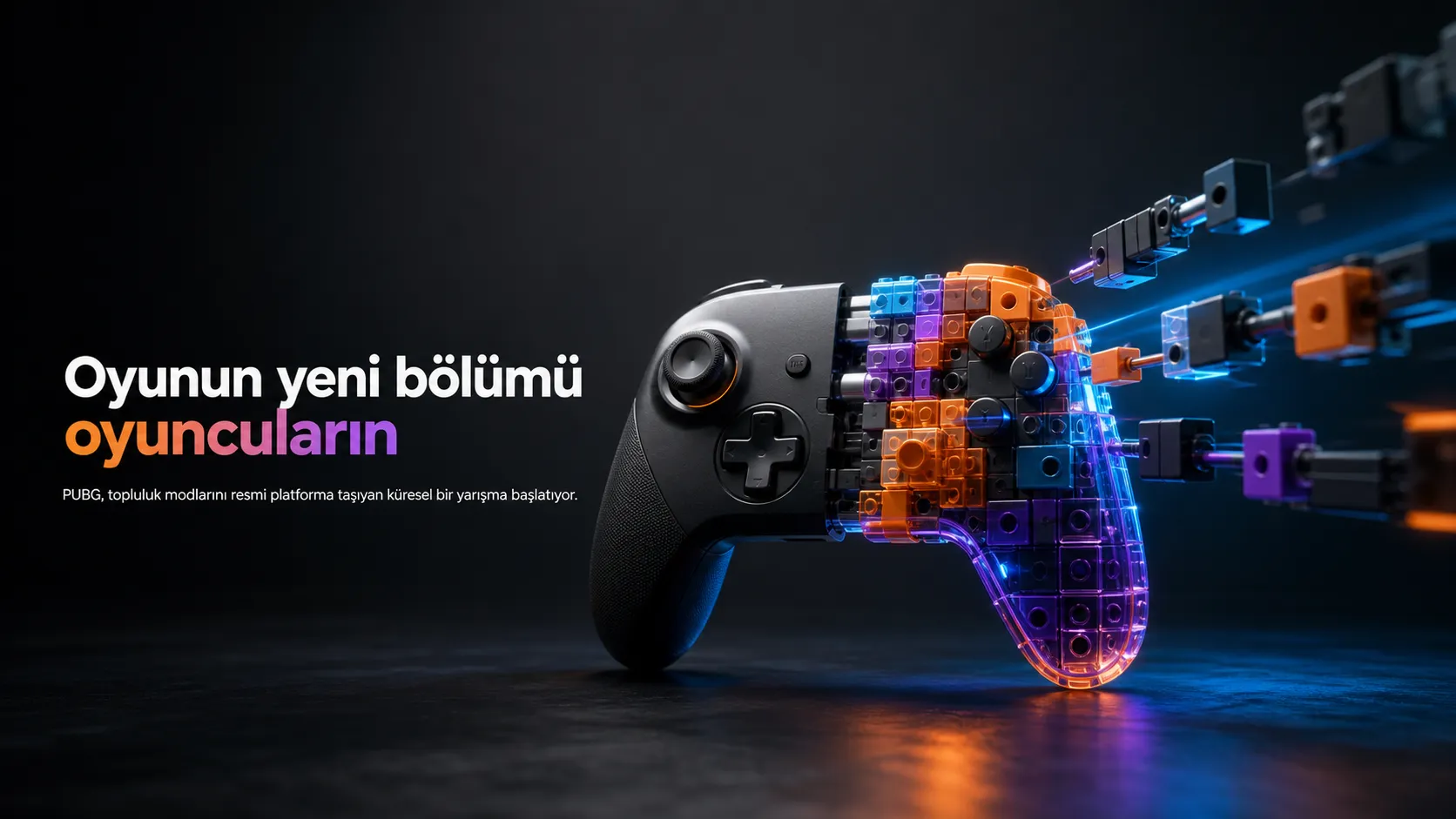 Bir yarısı renkli modüler bloklarla oyuncular tarafından tamamlanan siyah oyun kumandası kapak görseli