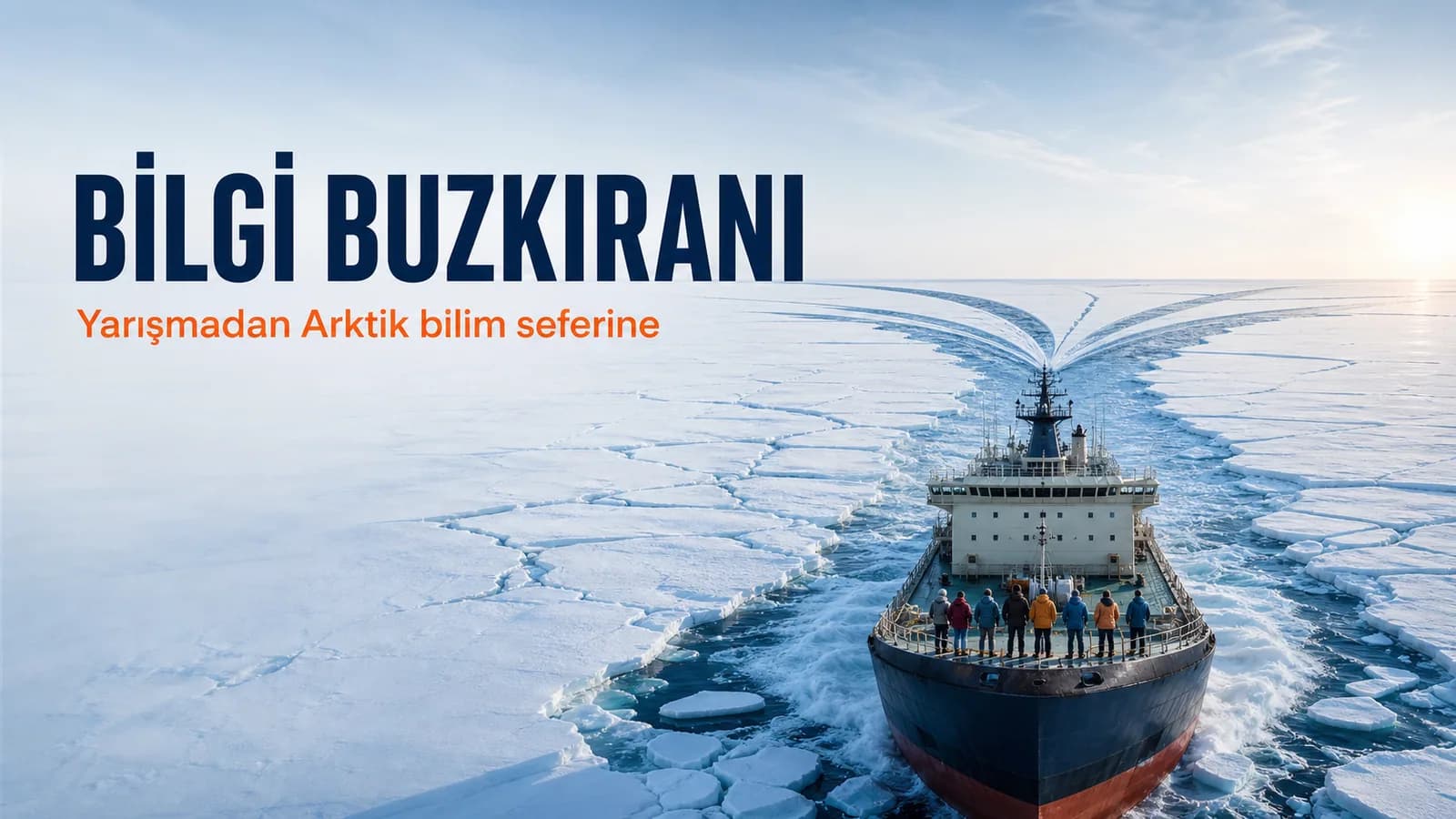 Arktik buzlarını kitap sayfası biçiminde yaran buzkıran ve öğrenci grubu