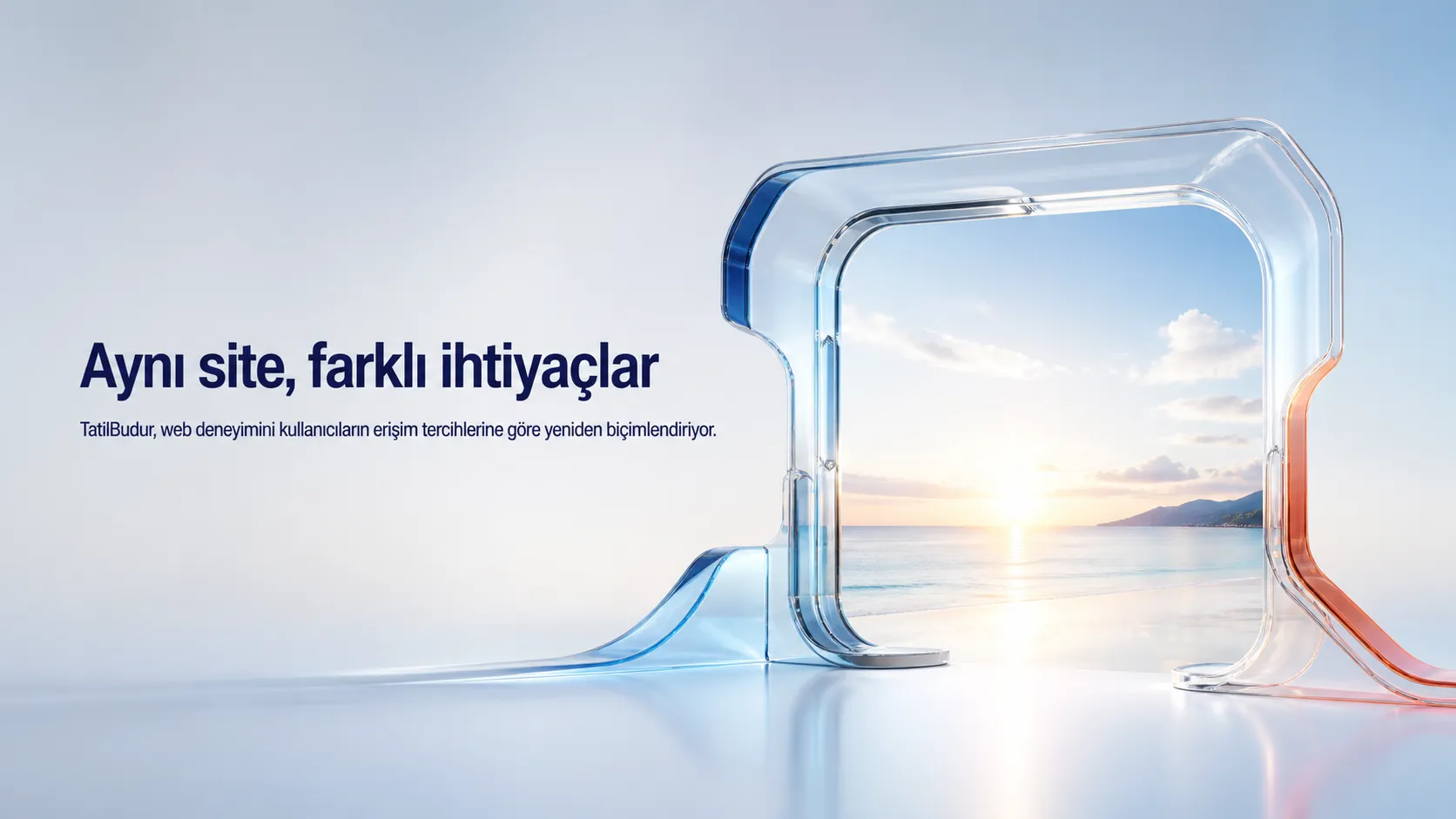 Farklı kullanıcı ihtiyaçlarına uyum sağlayan şeffaf dijital pencerenin aydınlık bir seyahat kapısına dönüştüğü kapak görseli