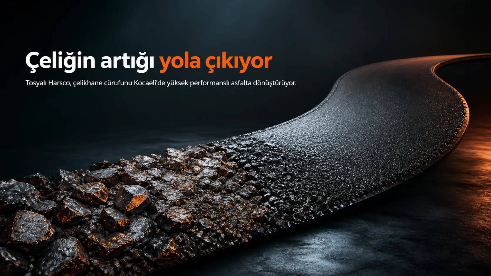 Metalik çelikhane cürufu parçalarının kesintisiz biçimde pürüzsüz asfalt yol yüzeyine dönüştüğü kapak görseli