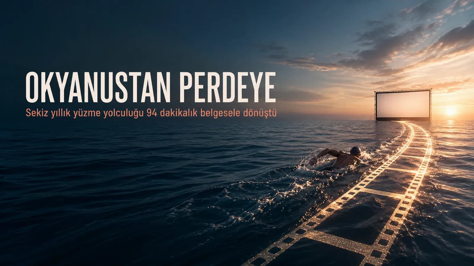 Okyanusta yüzücünün izini film şeridine dönüştüren sinema perdesi metaforu