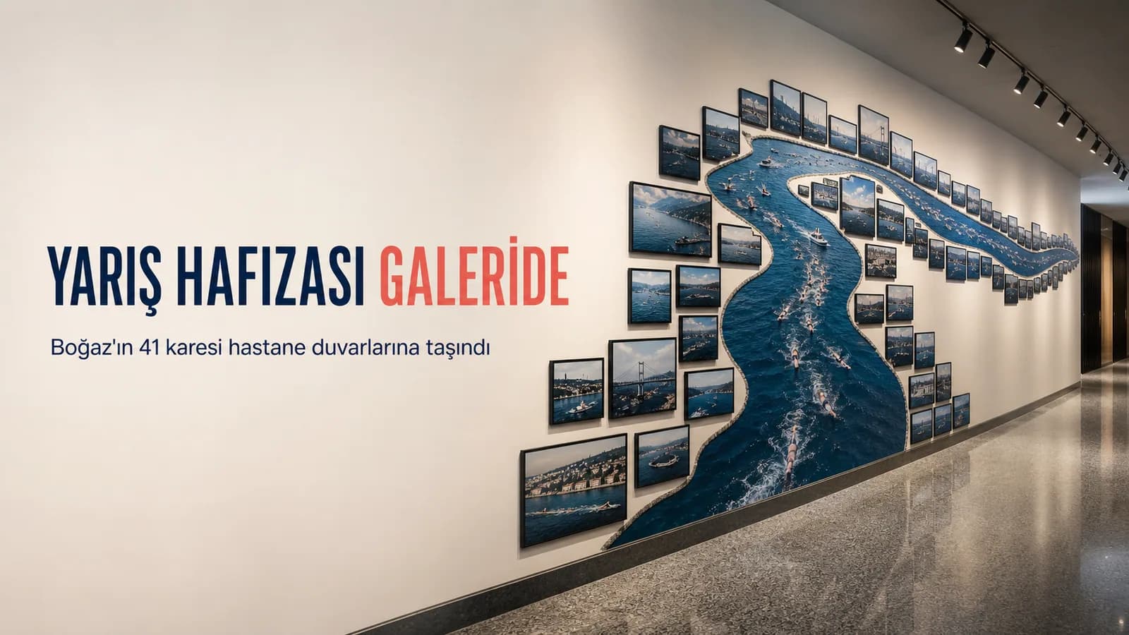 Boğaziçi silueti oluşturan yüzme fotoğraflarıyla düzenlenmiş galeri duvarı