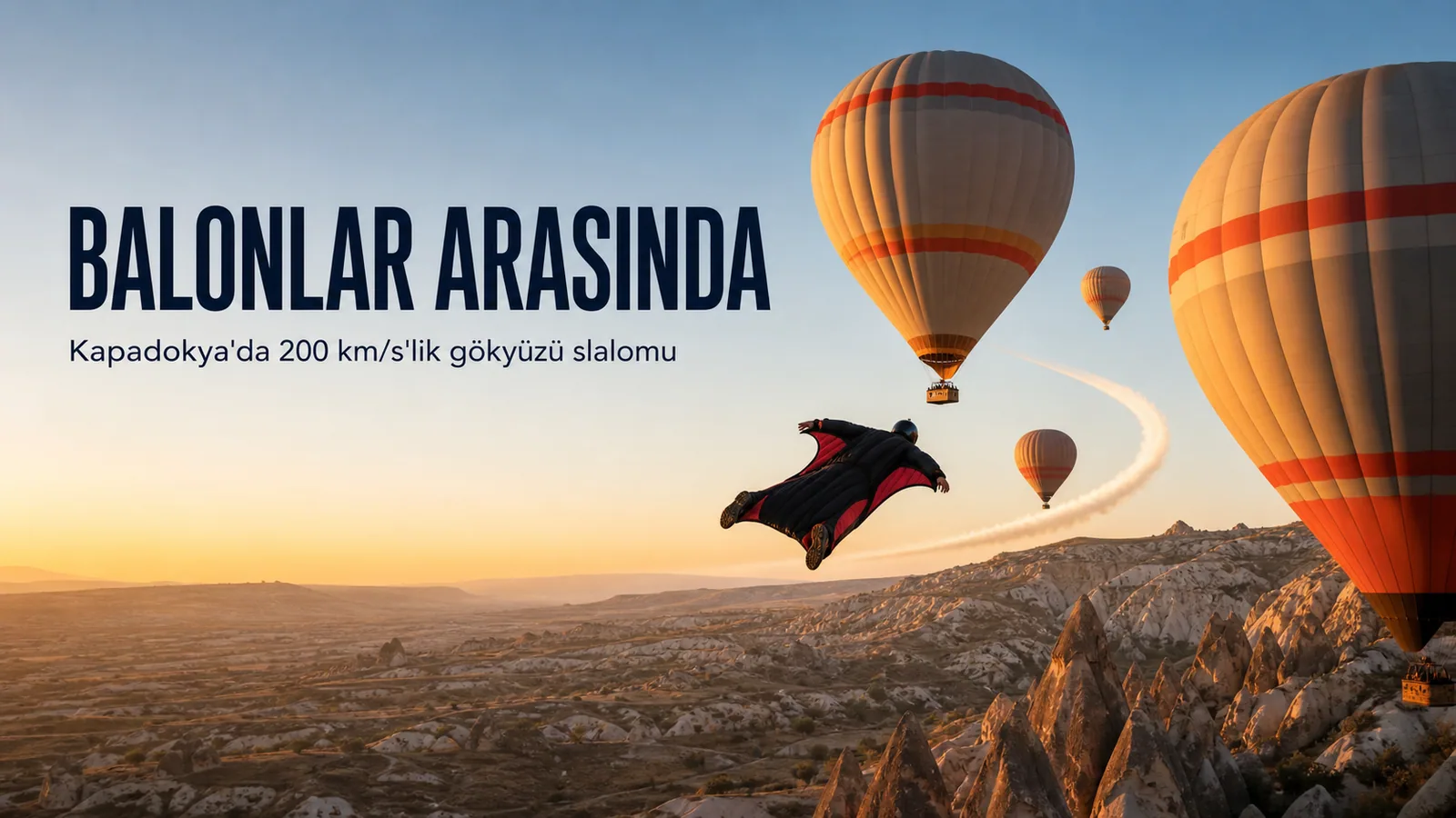 Kapadokya balonları arasında wingsuit ile ilerleyen sporcu ve slalom rotası