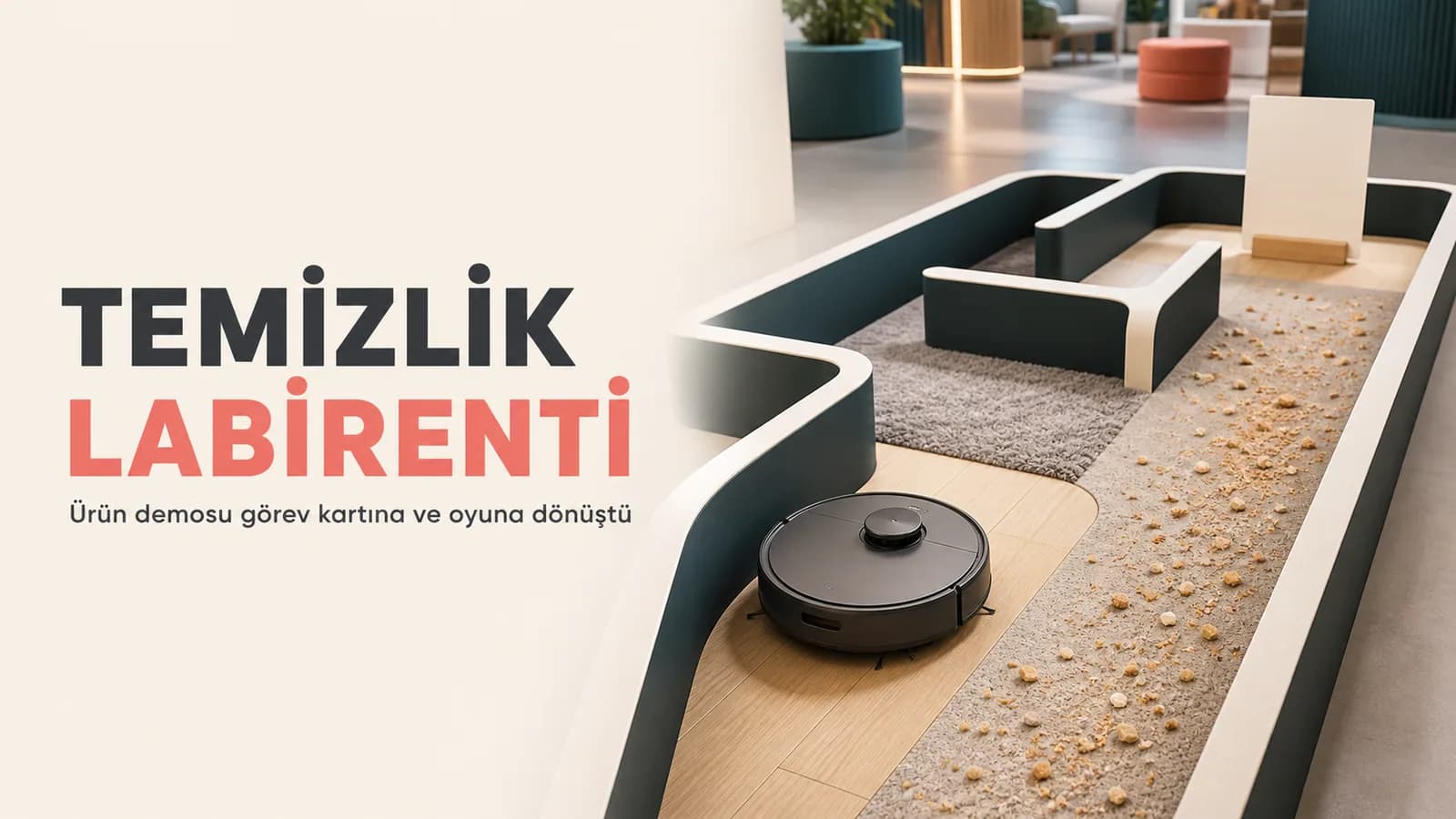 Farklı zeminlerden oluşan küçük bir labirentte ilerleyen logosuz robot süpürge