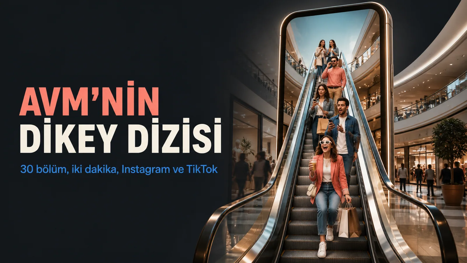 Telefon çerçevesi içinden geçen AVM yürüyen merdiveni ve dikey dizi metaforu